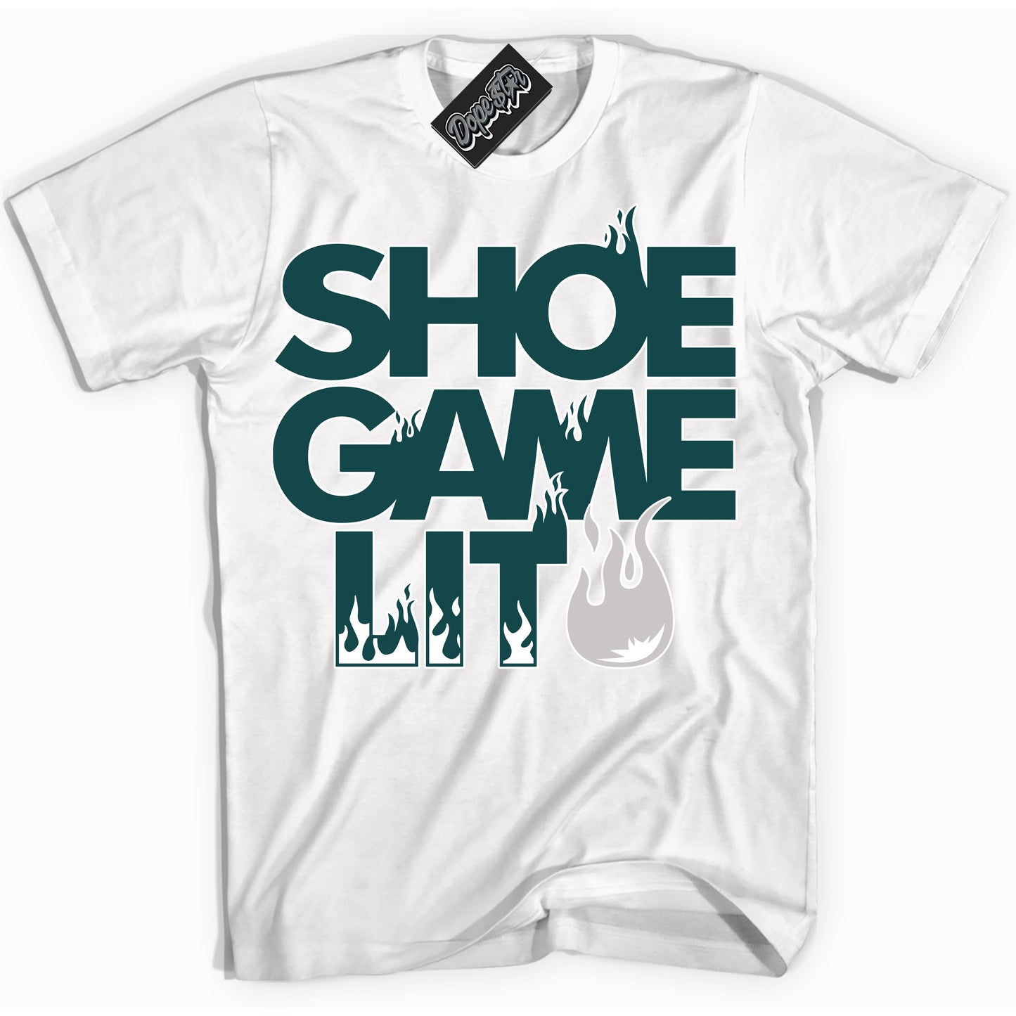 Cool White Shirt with “ Shoe Game Lit” design that perfectly matches Oxidized Green 4s Jordans.