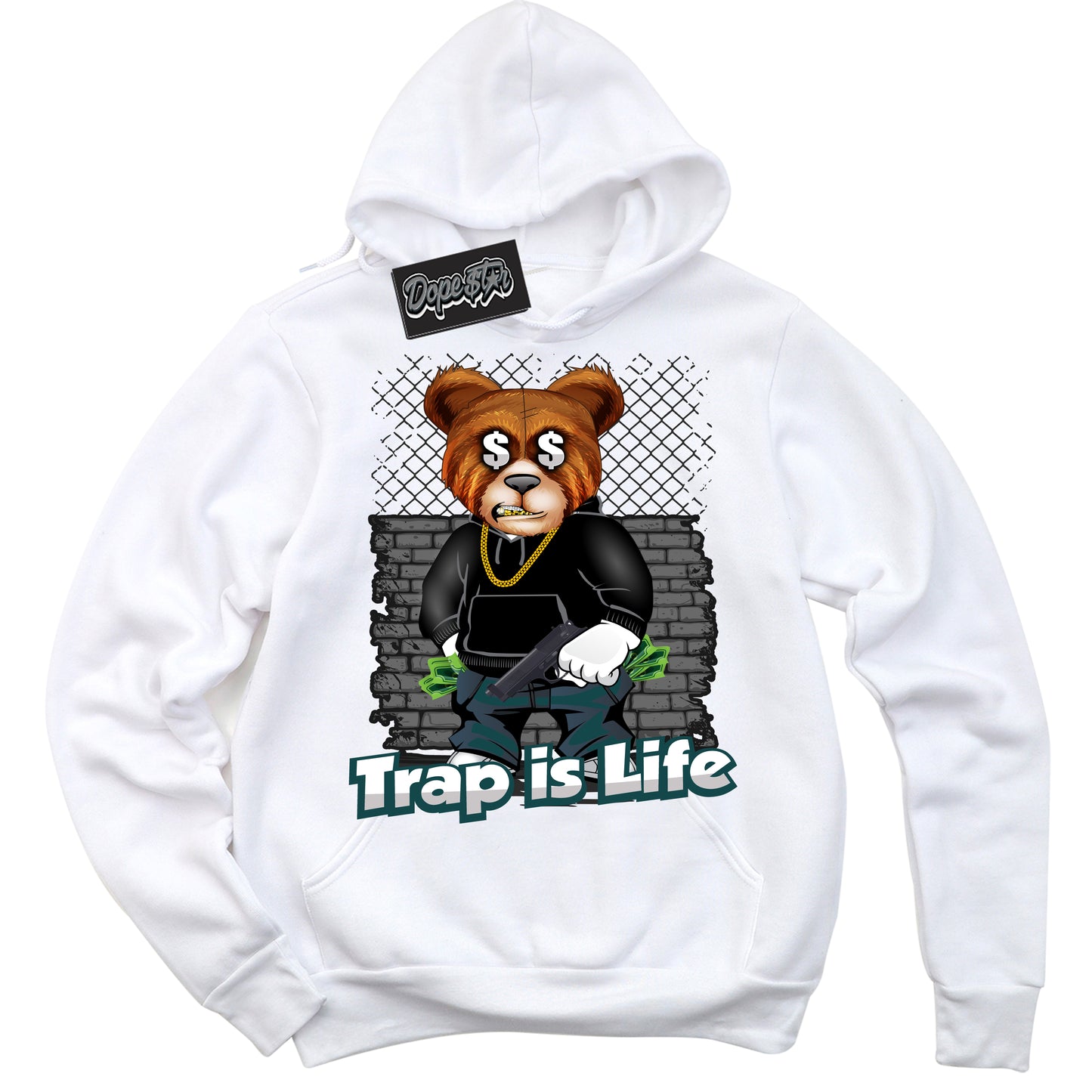 Cool White Hoodie with “ Trap Is Life ” design that Perfectly Matches Oxidized Green 4s Jordans.