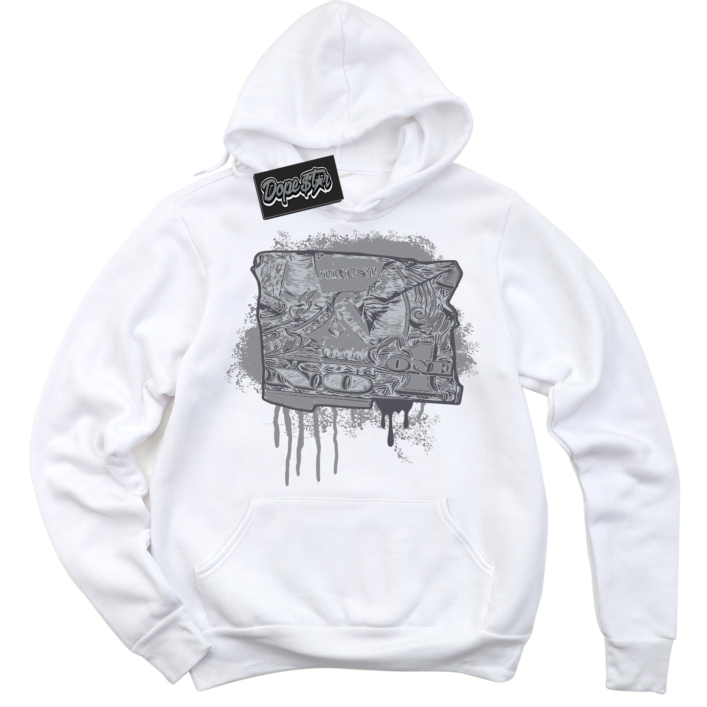 Cool White Hoodie with “ Trust No One Dollar ” design that Perfectly Matches Paris Olympics Wet Cement 4s Jordans.