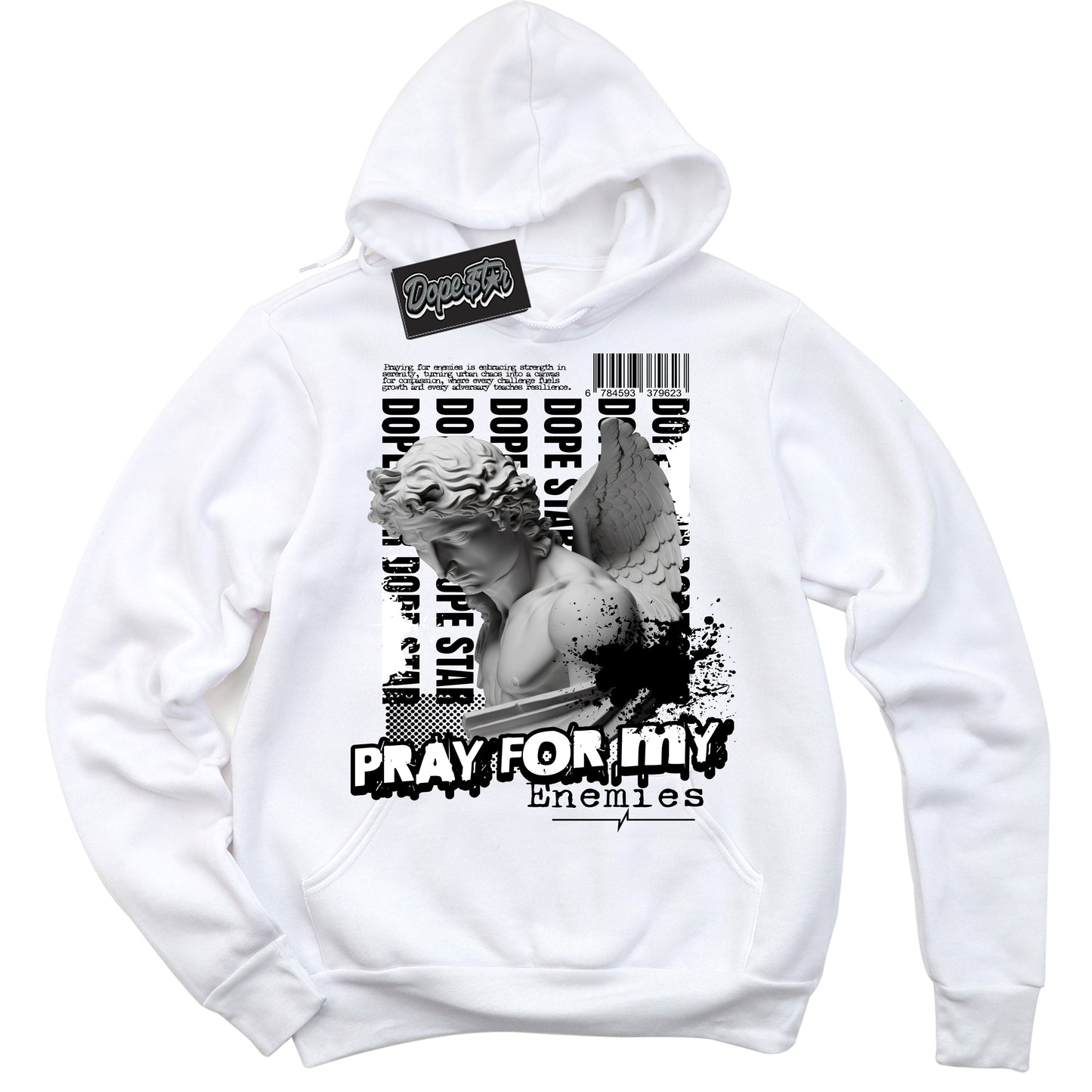 Cool White Hoodie with “Pray Enemies” design that Perfectly Matches White Thunder 4s Jordans.