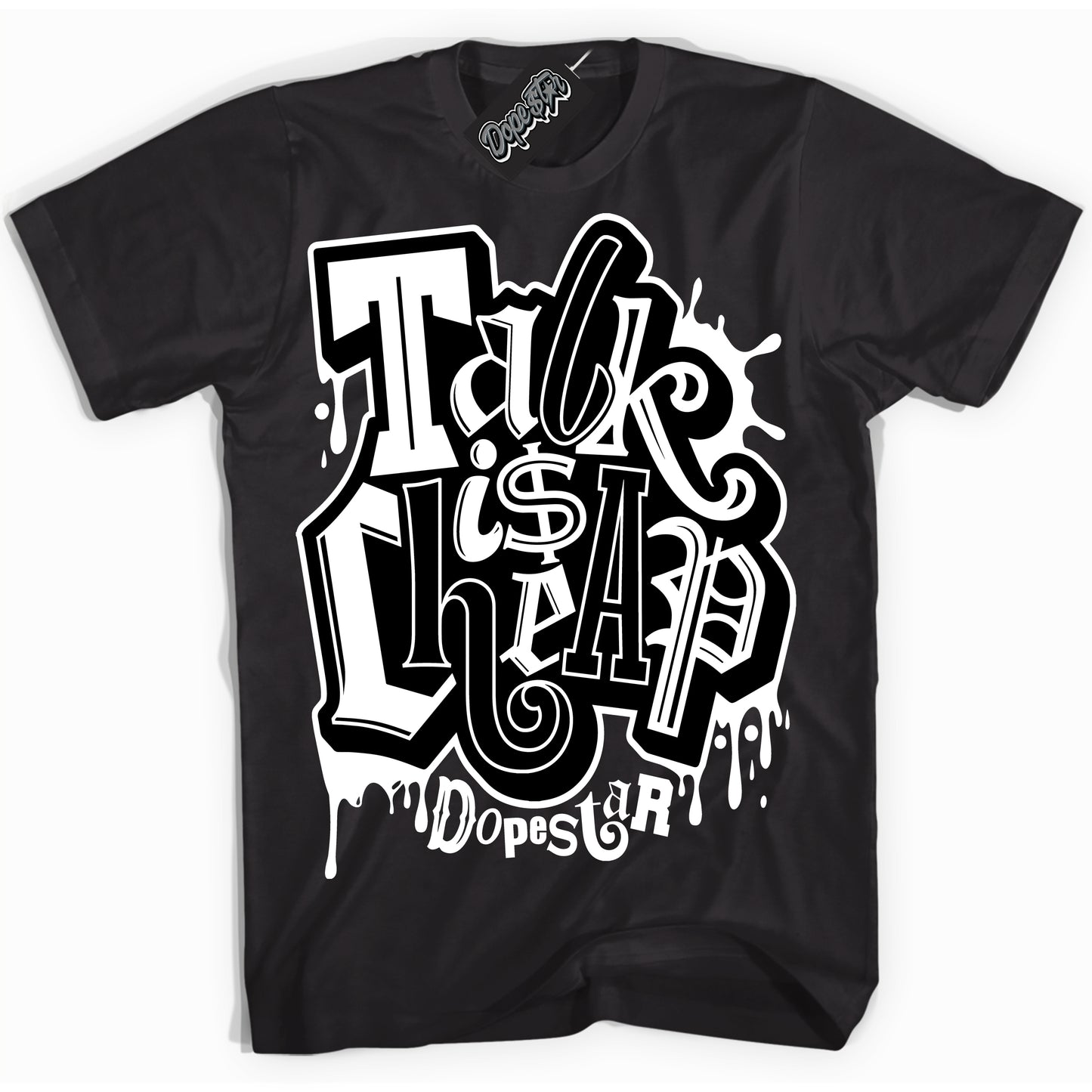 Cool Black Shirt with “Talk Is Cheap” design that perfectly matches the White Thunder 4s Jordans.