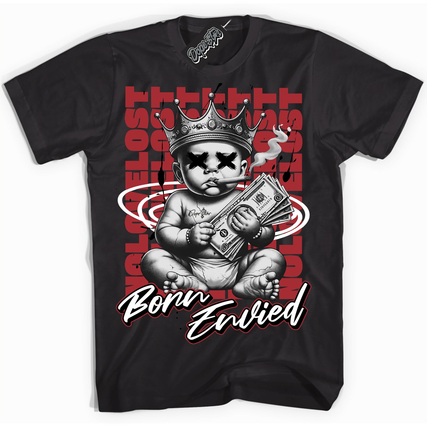 Cool Black Shirt with “Born Envied” design that perfectly matches Black Toe 14s.