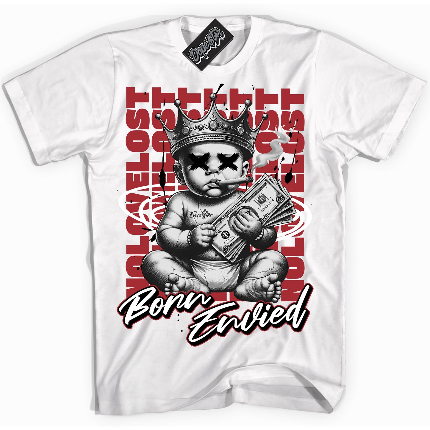 Cool White Shirt with “Born Envied” design that perfectly matches Black Toe 14s.