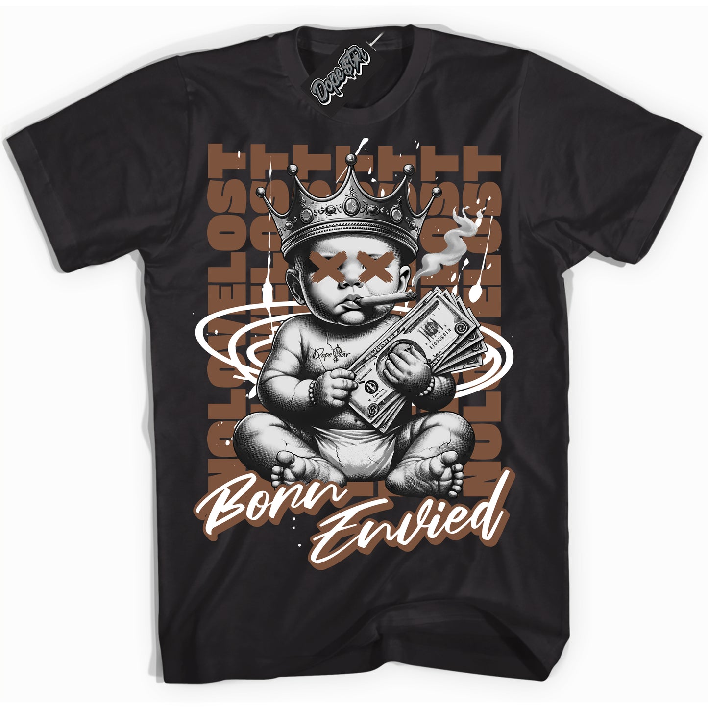 Cool Black Shirt with “Born Envied” design that perfectly matches Archaeo Brown White 1s.