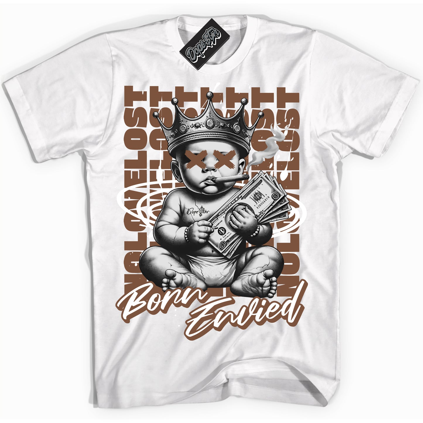 Cool White Shirt with “Born Envied” design that perfectly matches Archaeo Brown White 1s.