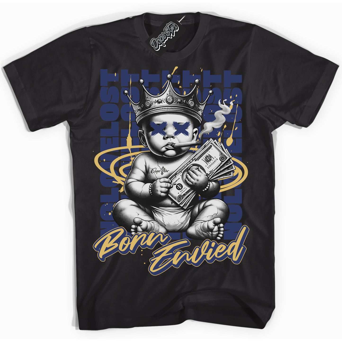 Cool Black Shirt with “Born Envied” design that perfectly matches Method Of Make Navy Metallic Gold 1s .