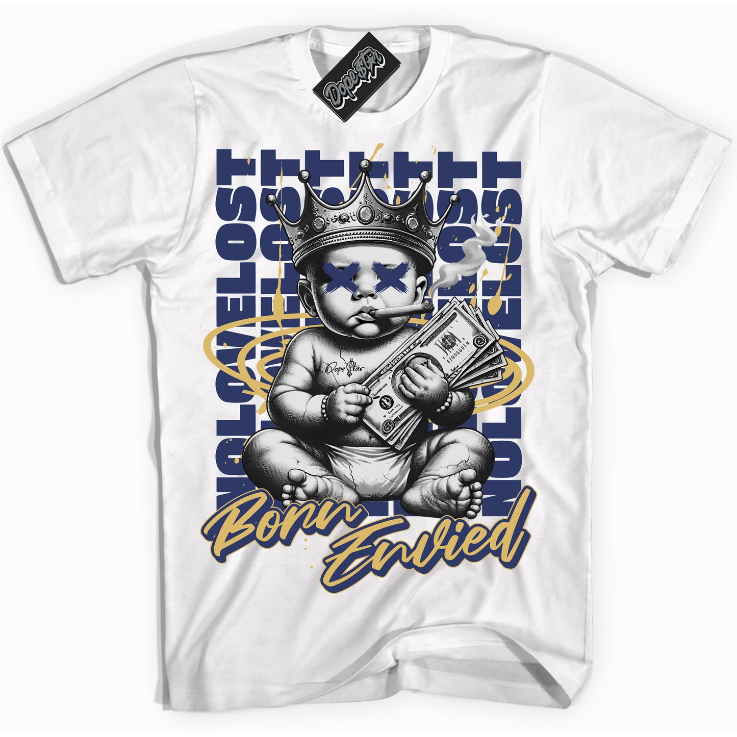 Cool White Shirt with “Born Envied” design that perfectly matches Method Of Make Navy Metallic Gold 1s.