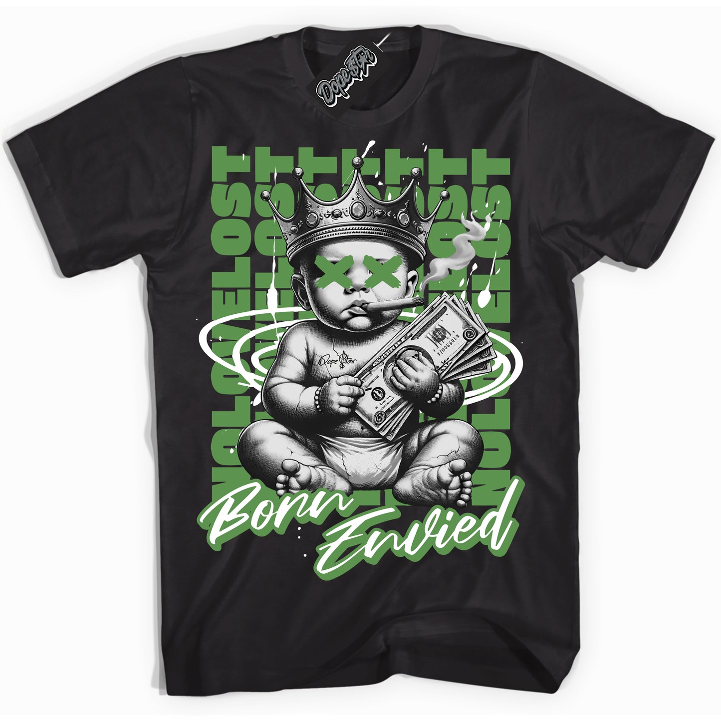 Cool Black Shirt with “Born Envied” design that perfectly matches Chlorophyll 1s.