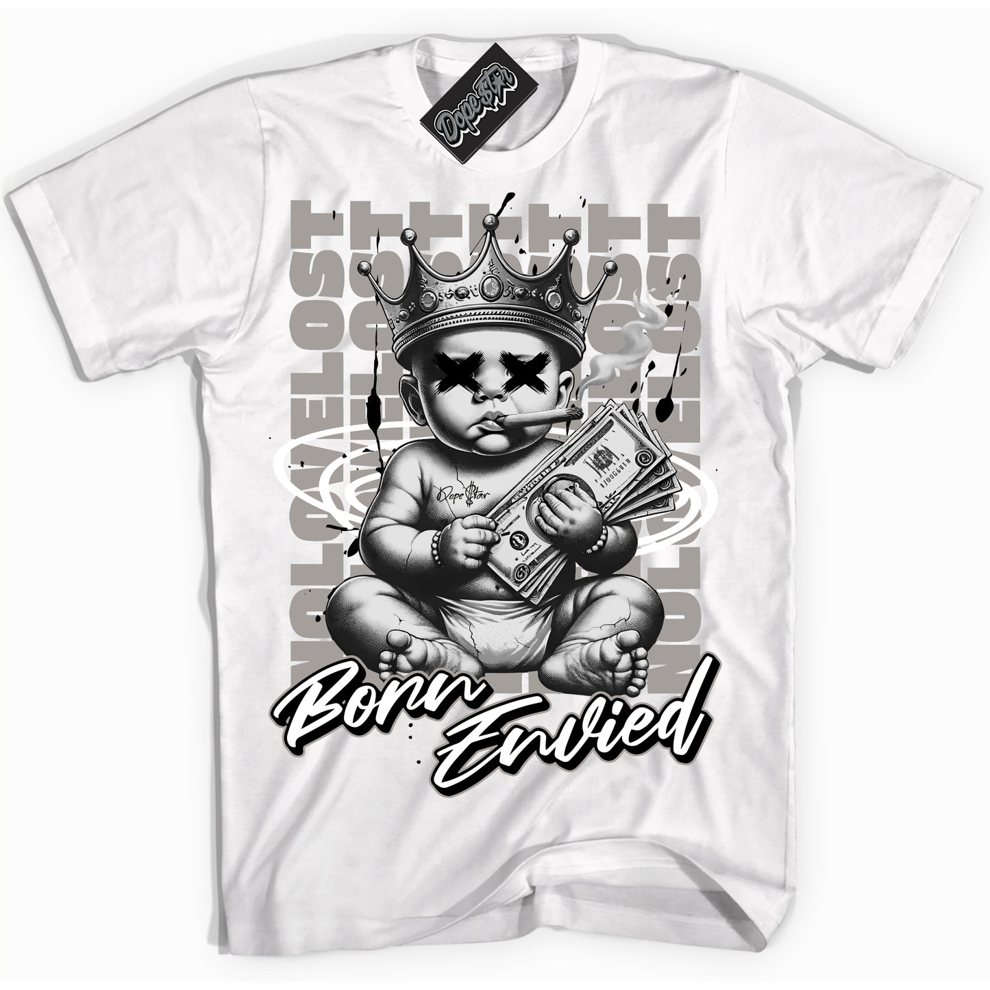 Cool White Shirt with “Born Envied” design that perfectly matches Satin Shadow 1s.
