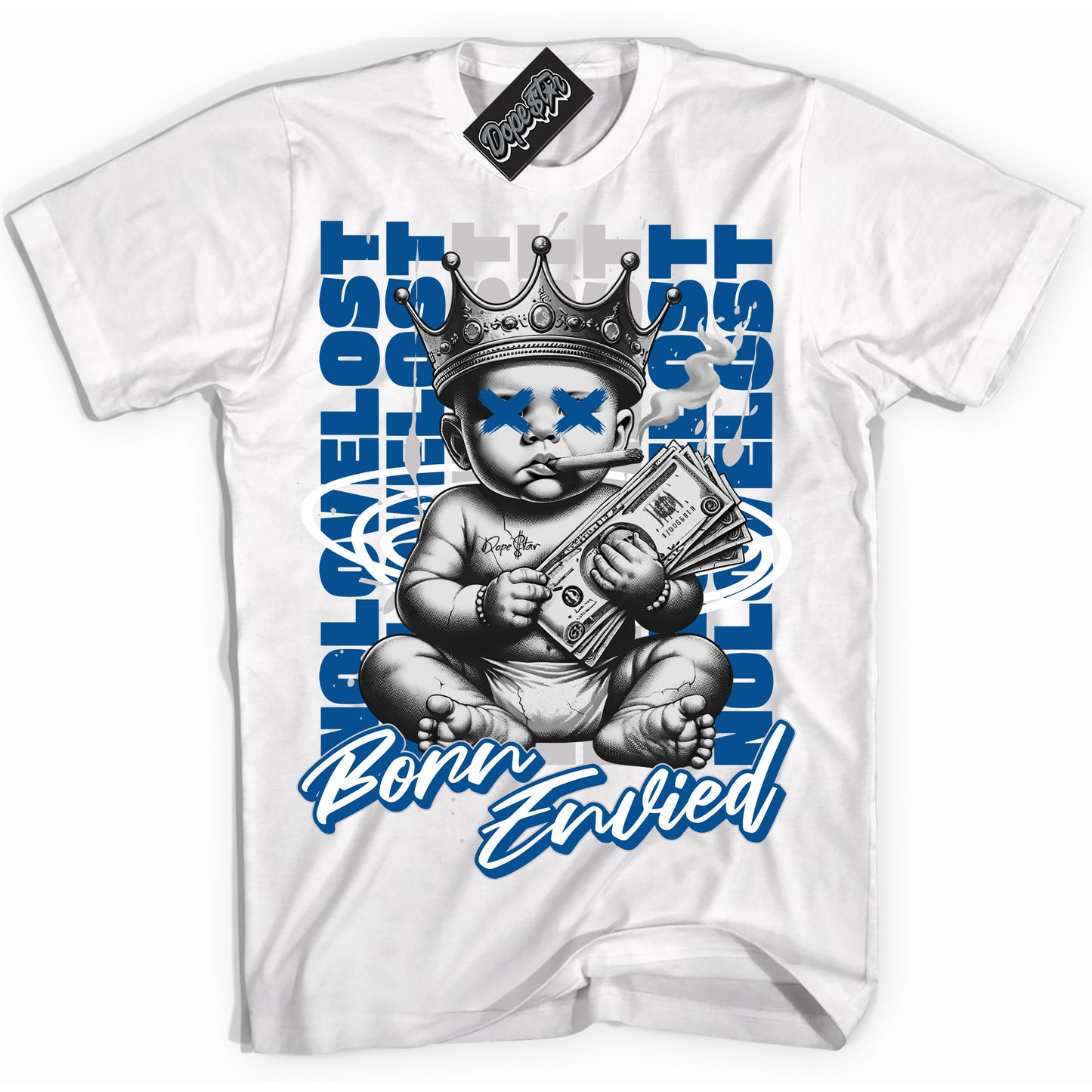 Cool White Shirt with “Born Envied” design that perfectly matches Military Blue 4s.