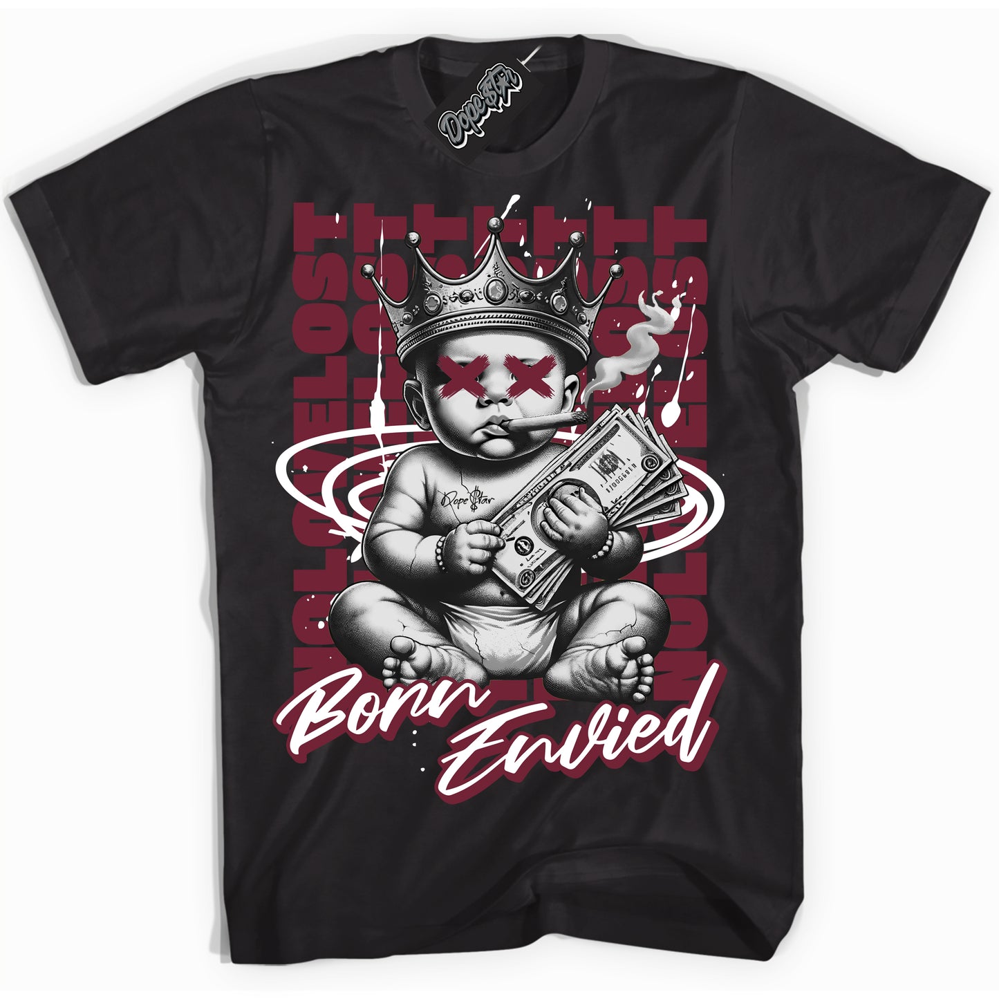 Cool Black Shirt with “Born Envied” design that perfectly matches Rings Team Red 6s.