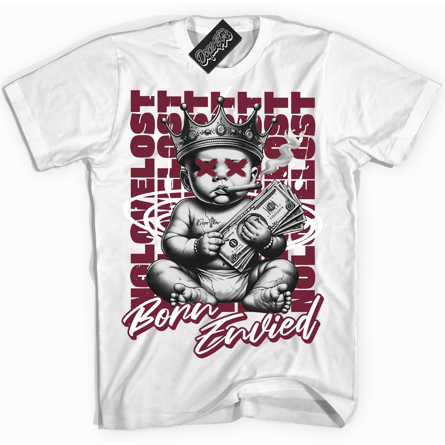 Cool White Shirt with “Born Envied” design that perfectly matches Rings Team Red 6s.