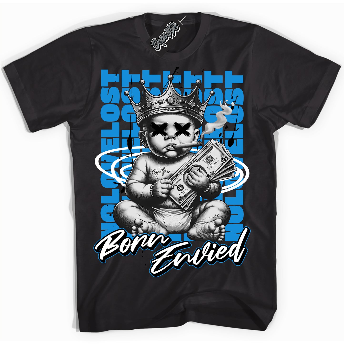 Cool Black Shirt with “Born Envied” design that perfectly matches Powder Blue 9s.