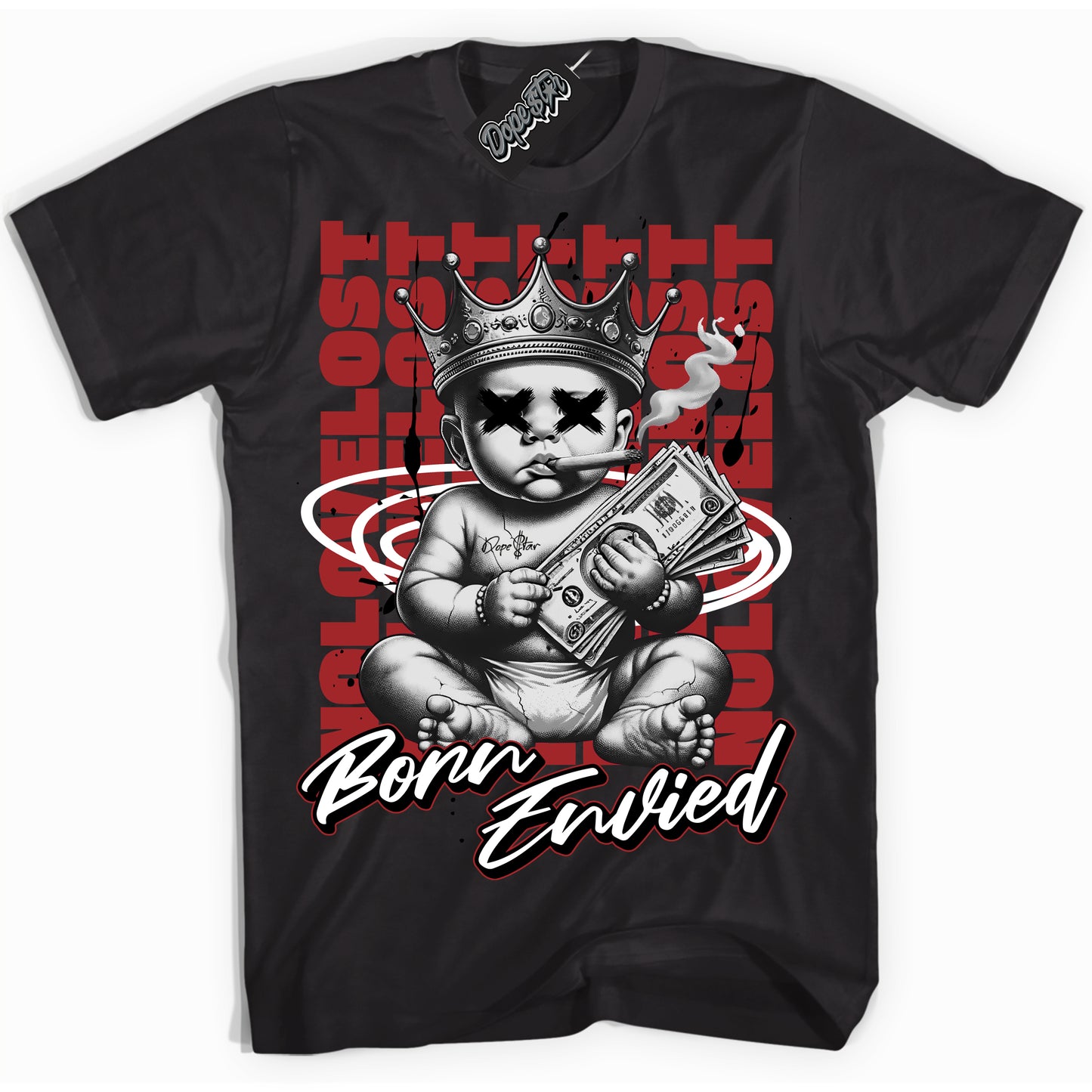 Cool Black Shirt with “Born Envied” design that perfectly matches Cherry 12s.