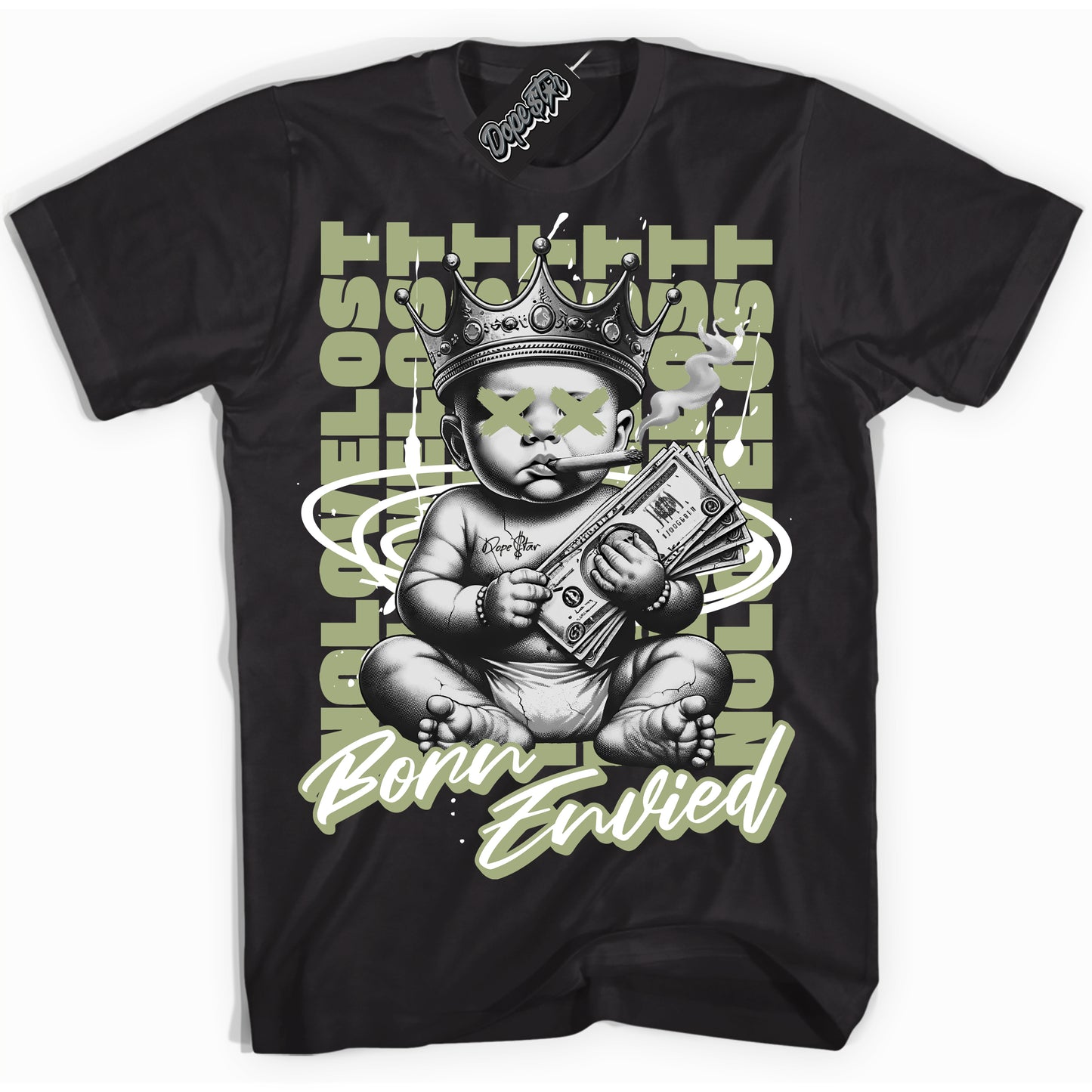 Cool Black Shirt with “Born Envied” design that perfectly matches Safari Oil Green Dunk.