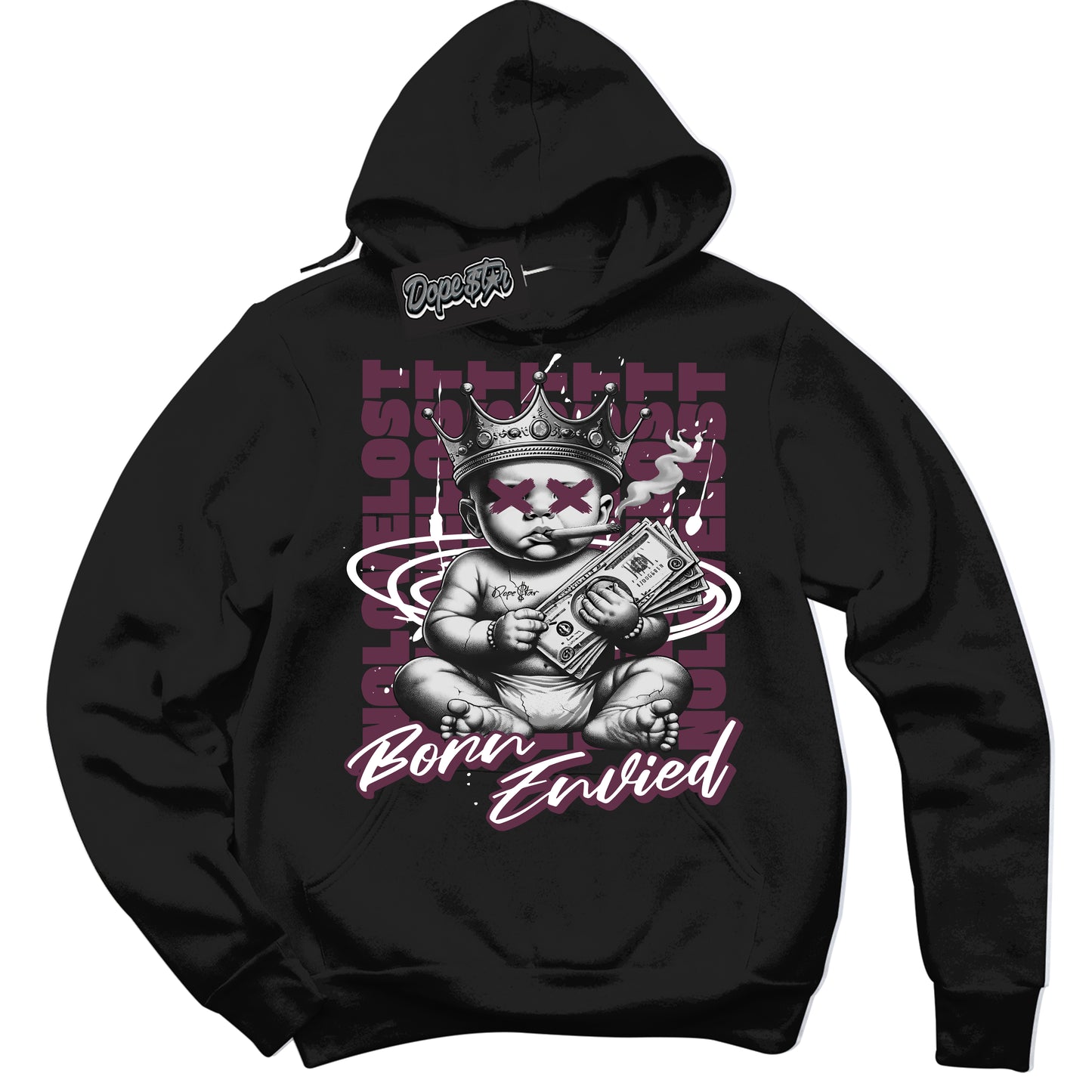 Cool Black Hoodie with “Born Envied” design that Perfectly Matches White Viotech Dunk Sneakers.