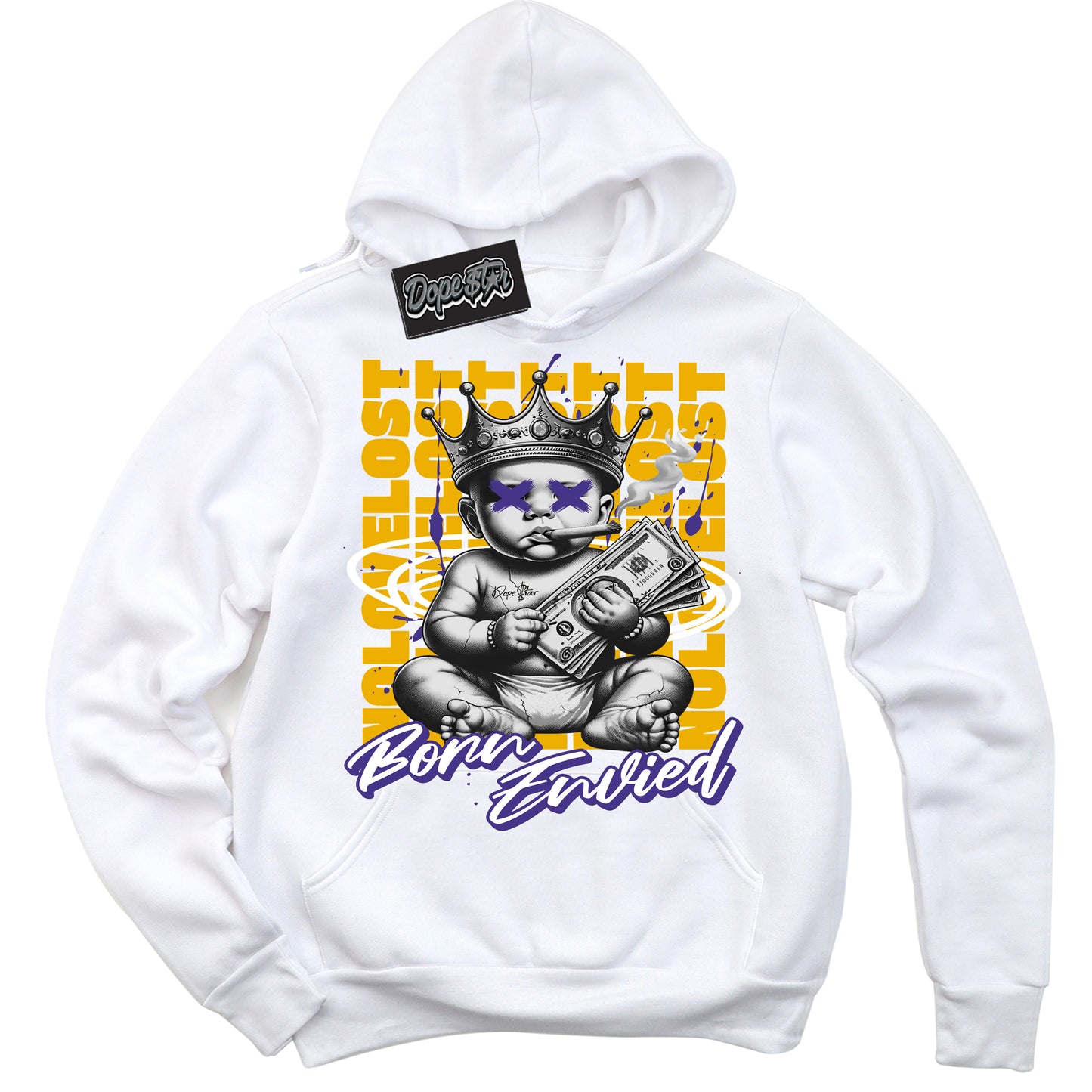 Cool White Hoodie with “Born Envied” design that Perfectly Matches Kobe 8 Lakers Home Sneakers.