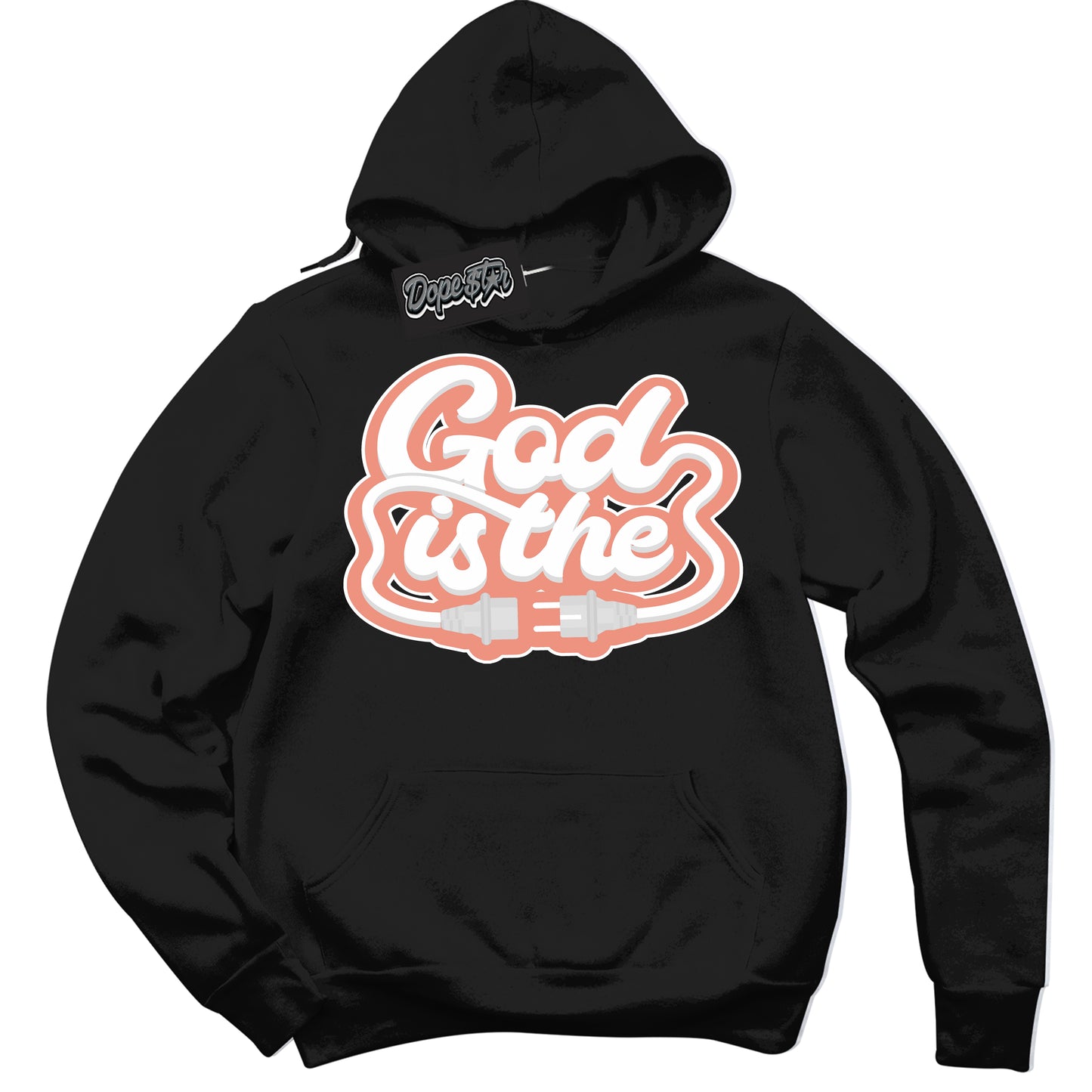 Cool Black Hoodie with “God Is The” design that Perfectly Matches Light Wild Mango Dunk.