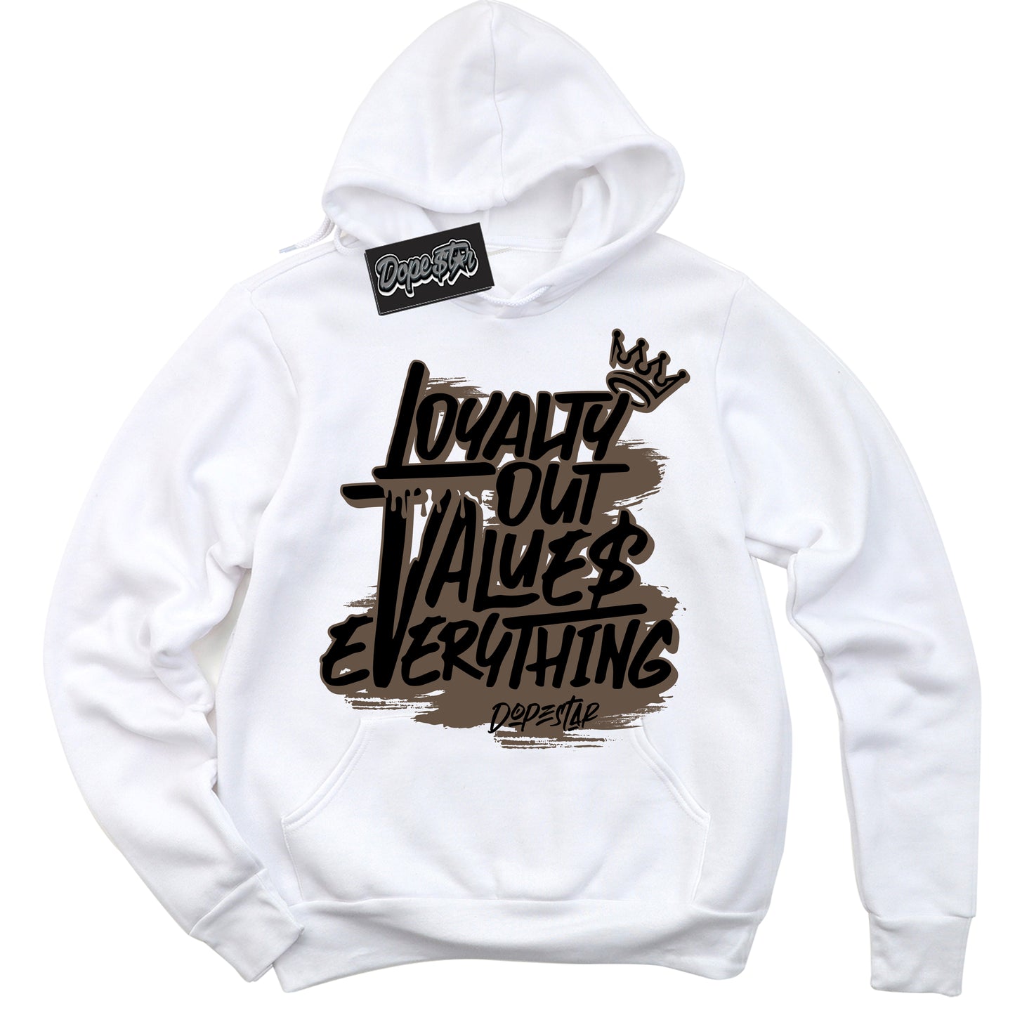 Cool White Hoodie with “Loyalty Out Values Everything” design that Perfectly Matches Jumpman Jack TR Travis Scott Dark Mocha Sneakers.