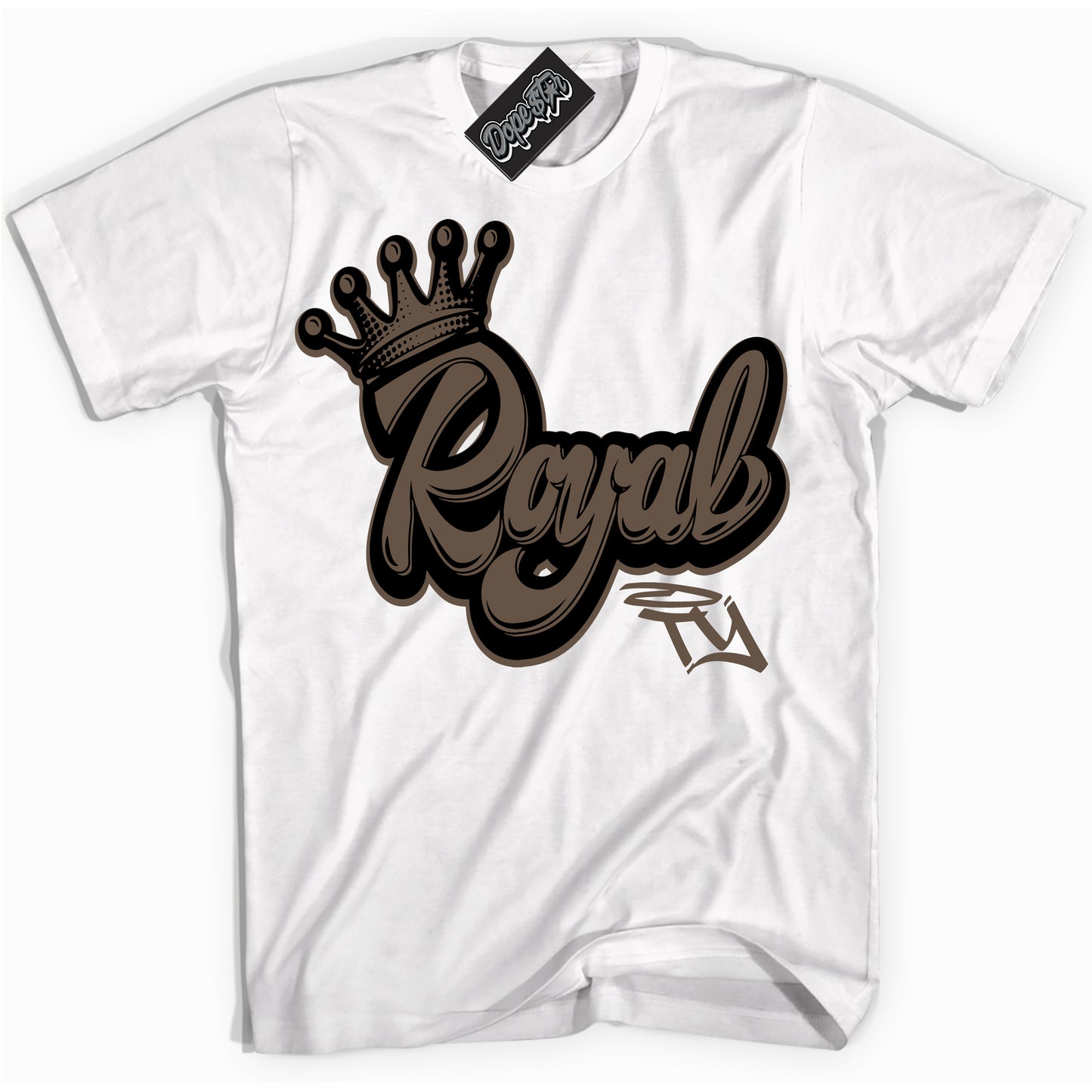 Cool White Shirt with “Royalty” design that perfectly matches the Jumpman Jack TR Travis Scott Dark Mocha Sneakers.