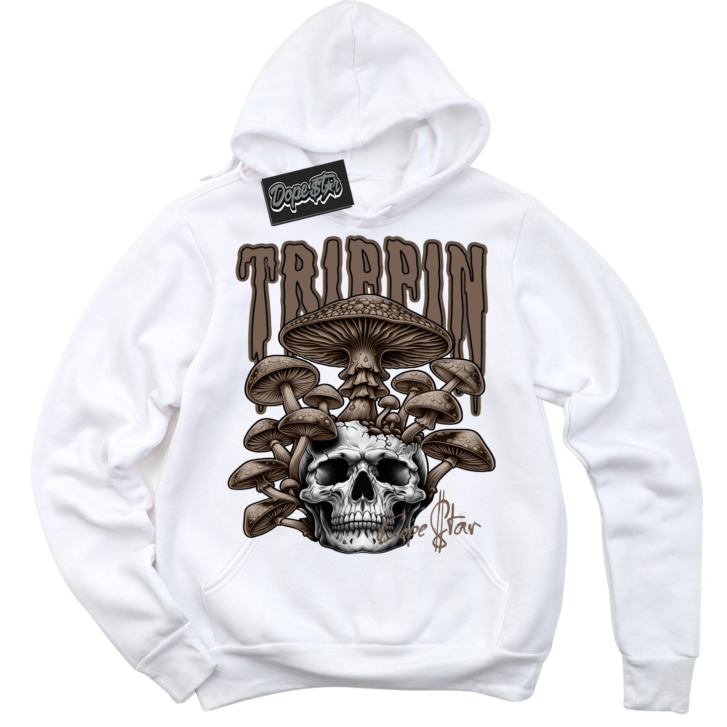 Cool White Hoodie with “Trippin” design that Perfectly Matches Jumpman Jack TR Travis Scott Dark Mocha Sneakers.