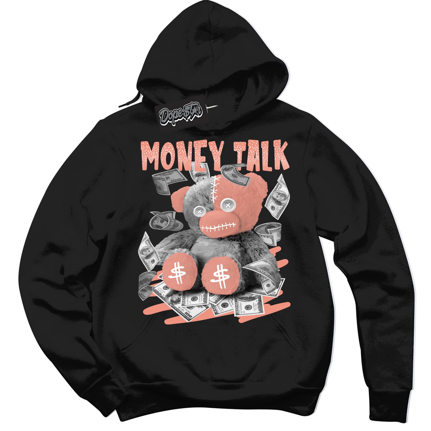 Cool Black Hoodie with “Money Talk Bear” design that Perfectly Matches Light Wild Mango Dunk.