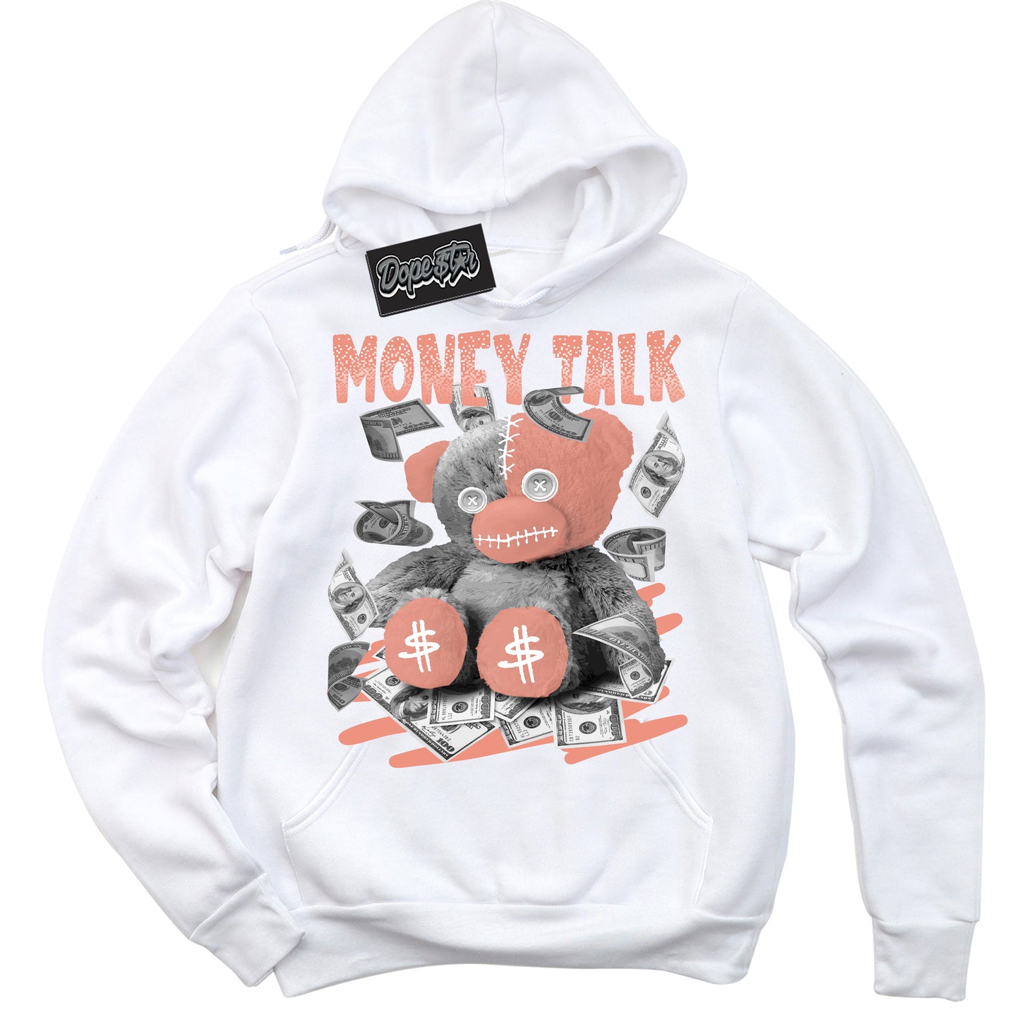 Cool White Hoodie with “Money Talk Bear” design that Perfectly Matches Light Wild Mango Dunk.