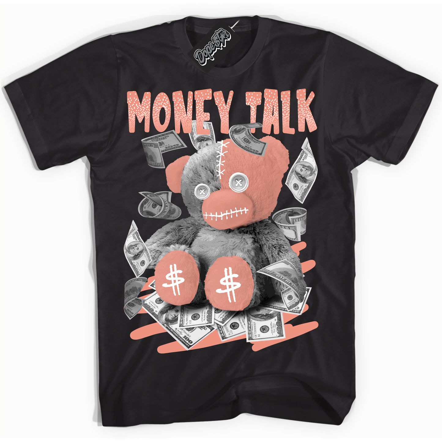 Cool Black Shirt with “Money Talk Bear” design that perfectly matches Light Wild Mango Dunk.