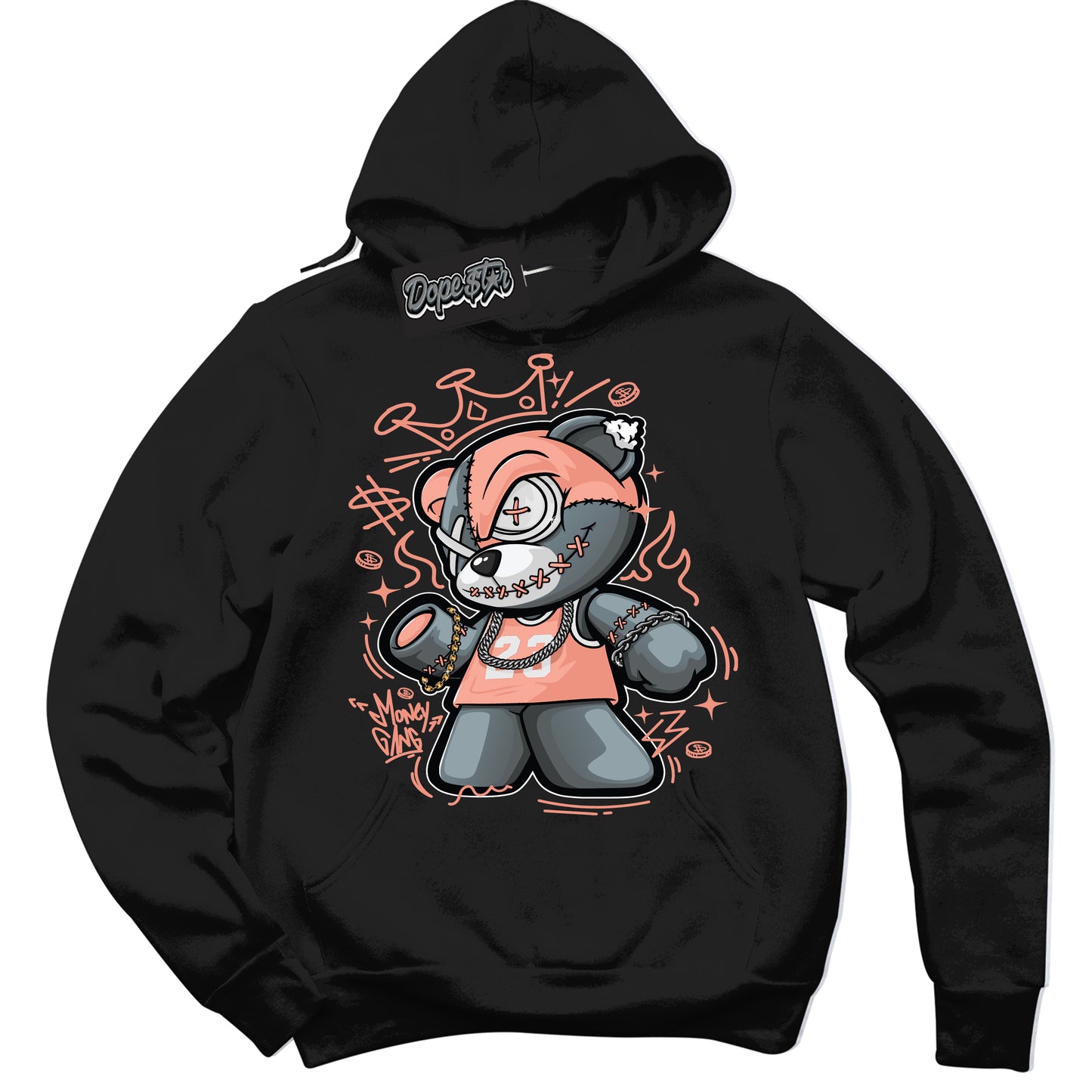 Cool Black Hoodie with “Money Gang Bear” design that Perfectly Matches Light Wild Mango Dunk.