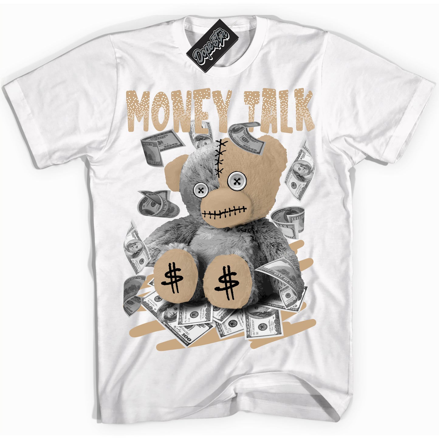 Cool White Shirt with “Money Talk Bear” design that perfectly matches Black Anthracite Sesame Dunk.