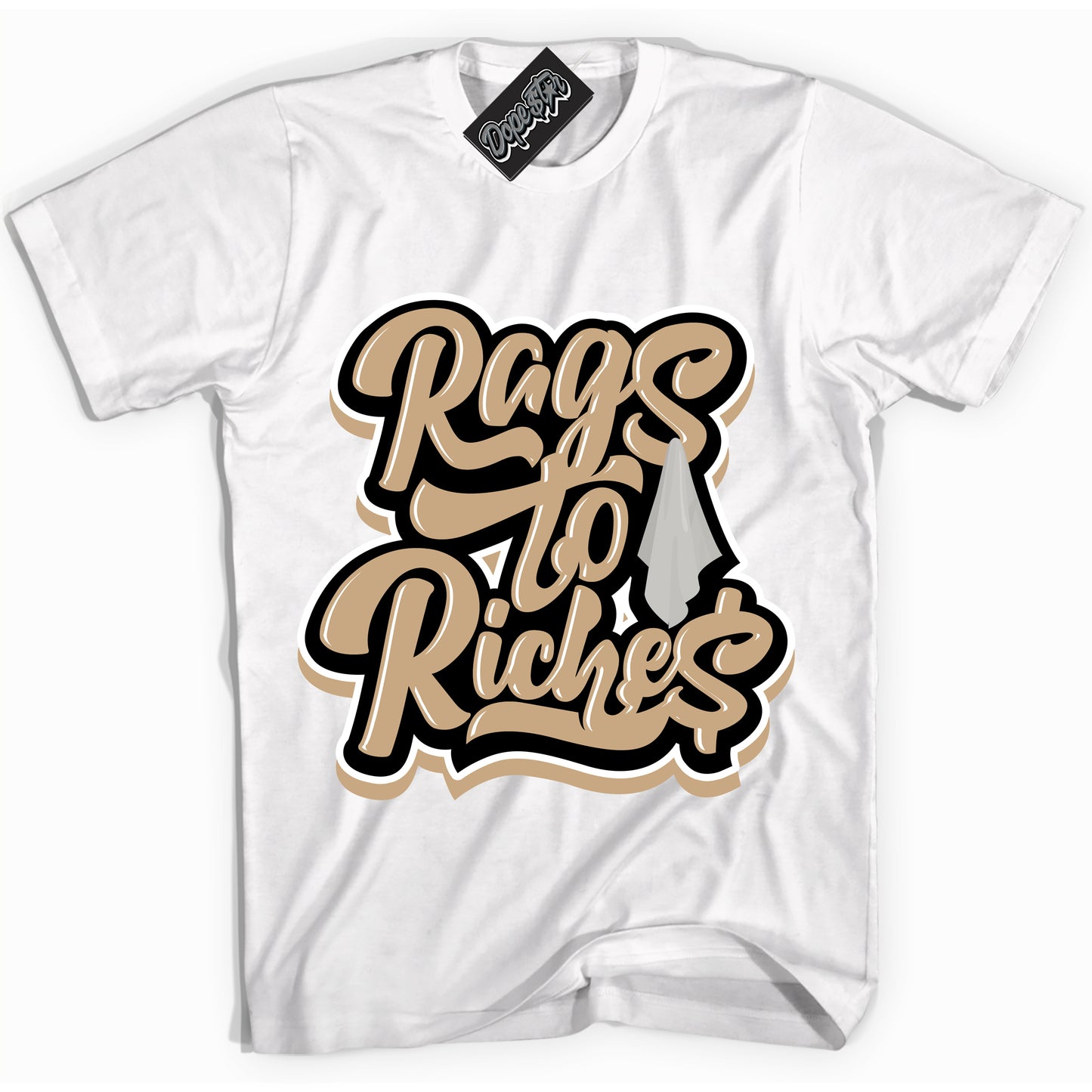 Cool White Shirt with “Rags To Riches” design that perfectly matches Black Anthracite Sesame Dunk.