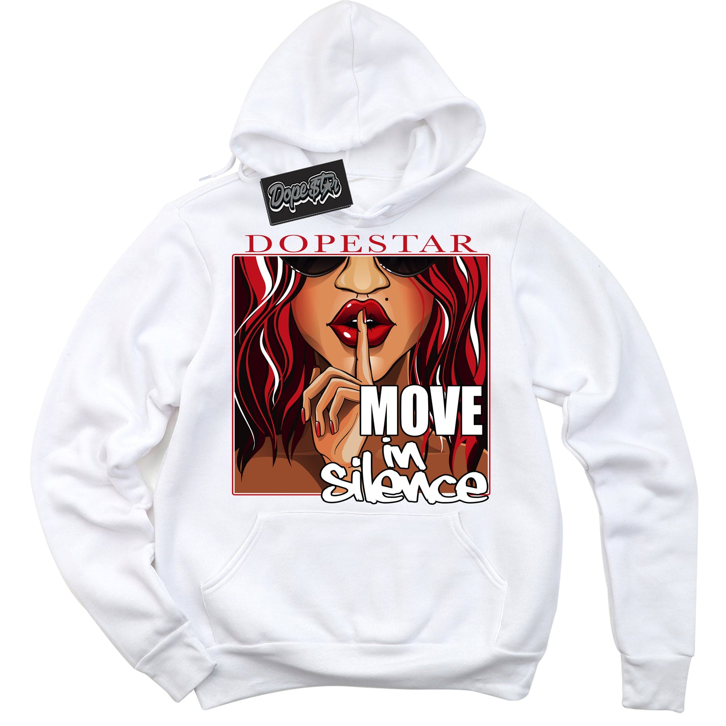 Cool White Hoodie with “Move In Silence” design that Perfectly Matches Black Dragon Red Dunk.