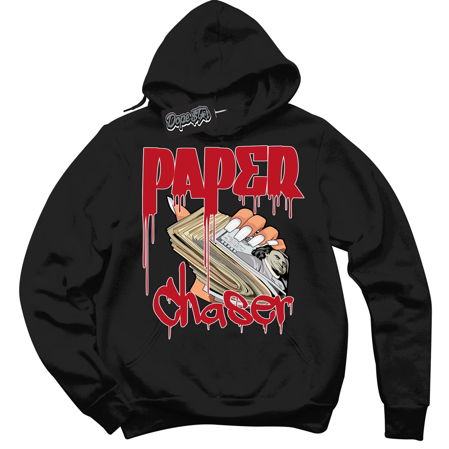 Cool Black Hoodie with “Paper Chaser” design that Perfectly Matches Black Dragon Red Dunk.