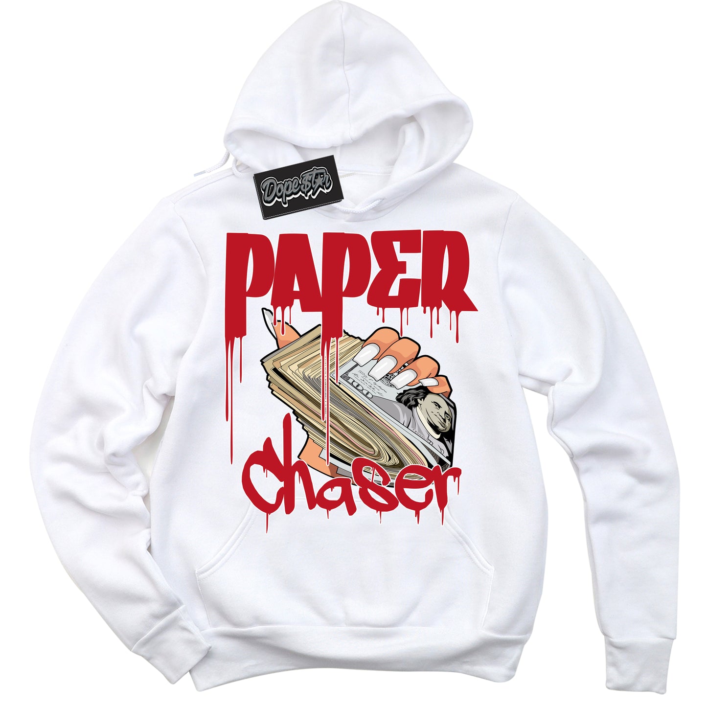 Cool White Hoodie with “Paper Chaser” design that Perfectly Matches Black Dragon Red Dunk.