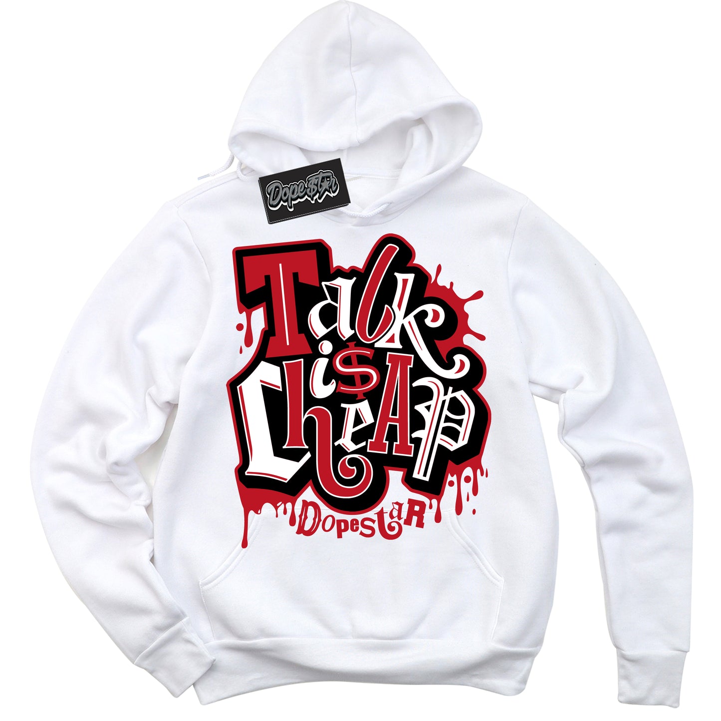 Cool White Hoodie with “Talk Is Cheap” design that Perfectly Matches Black Dragon Red Dunk.