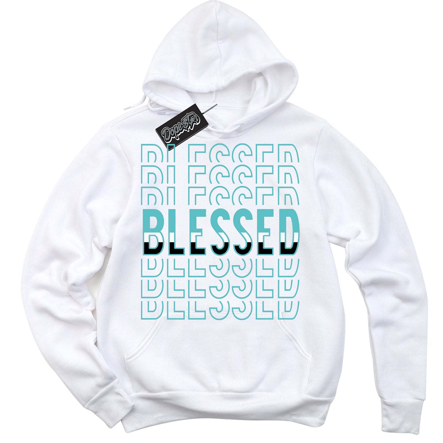 Cool White Hoodie with “Blessed Stacked” design that Perfectly Matches Black Dusty Cactus Dunk.