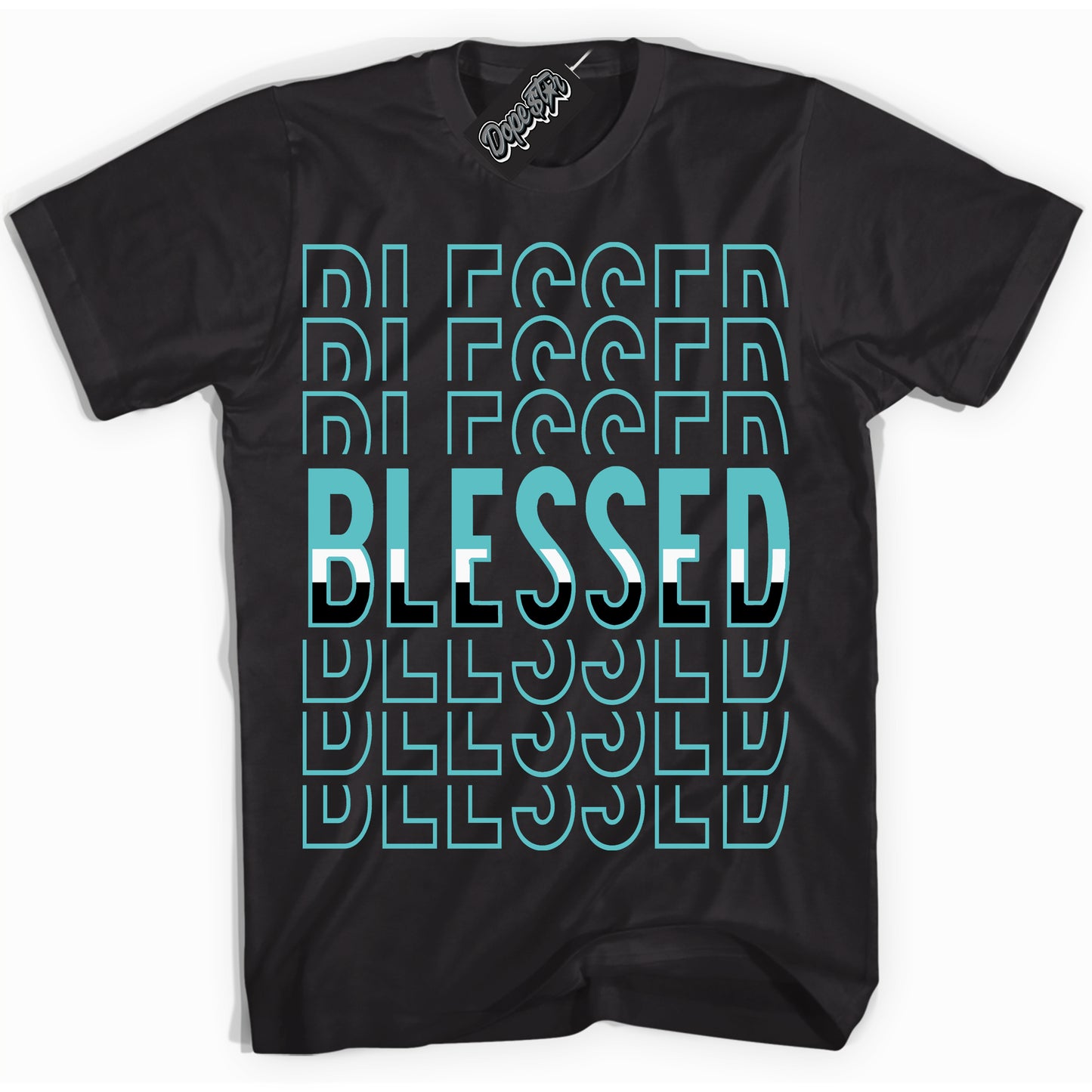 Cool Black Shirt with “Blessed Stacked” design that perfectly matches Black Dusty Cactus Dunk.