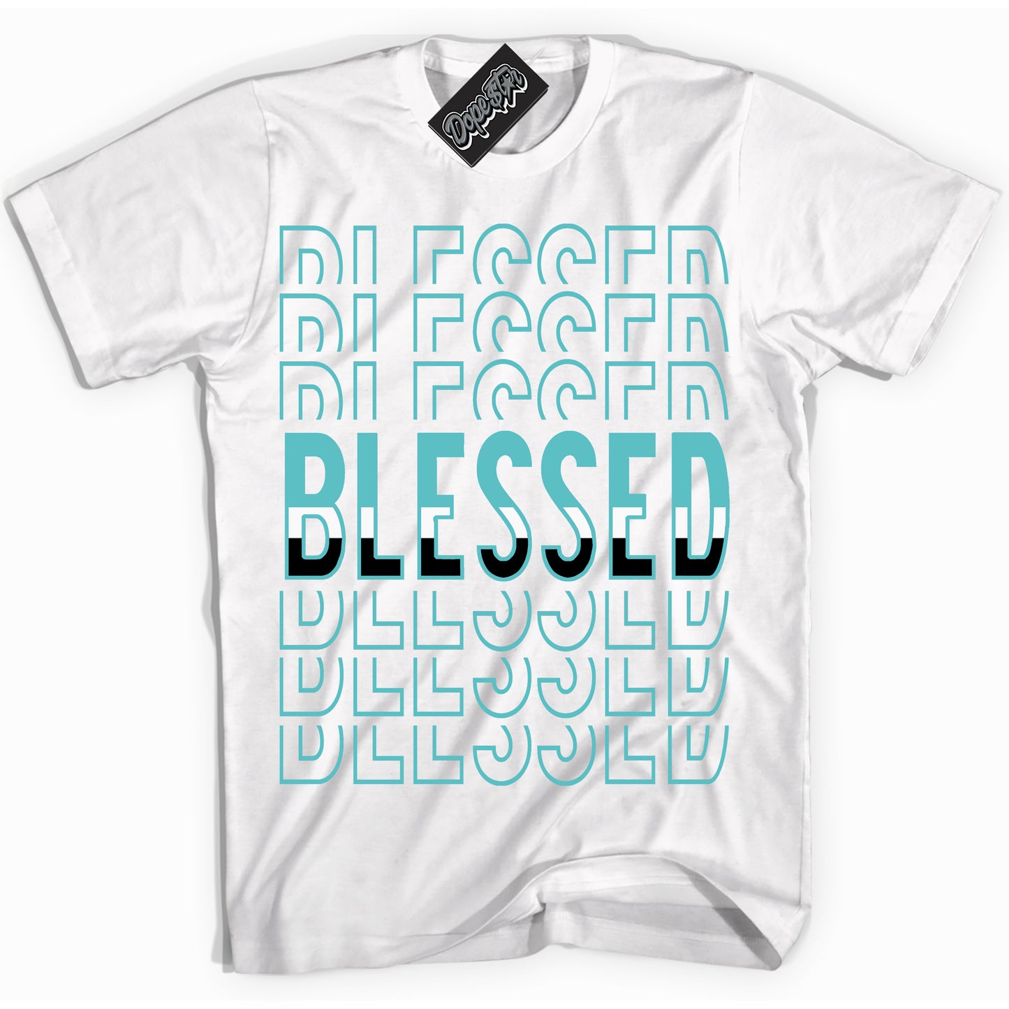 Cool White Shirt with “Blessed Stacked” design that perfectly matches Black Dusty Cactus Dunk.