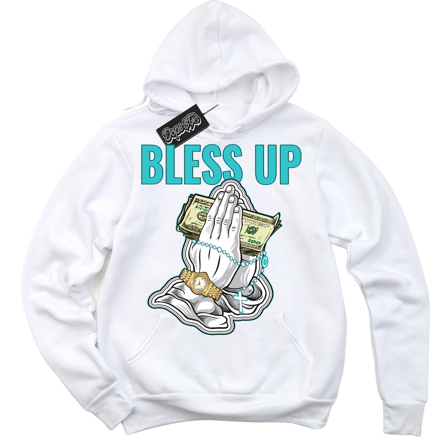 Cool White Hoodie with “Bless Up” design that Perfectly Matches Black Dusty Cactus Dunk.