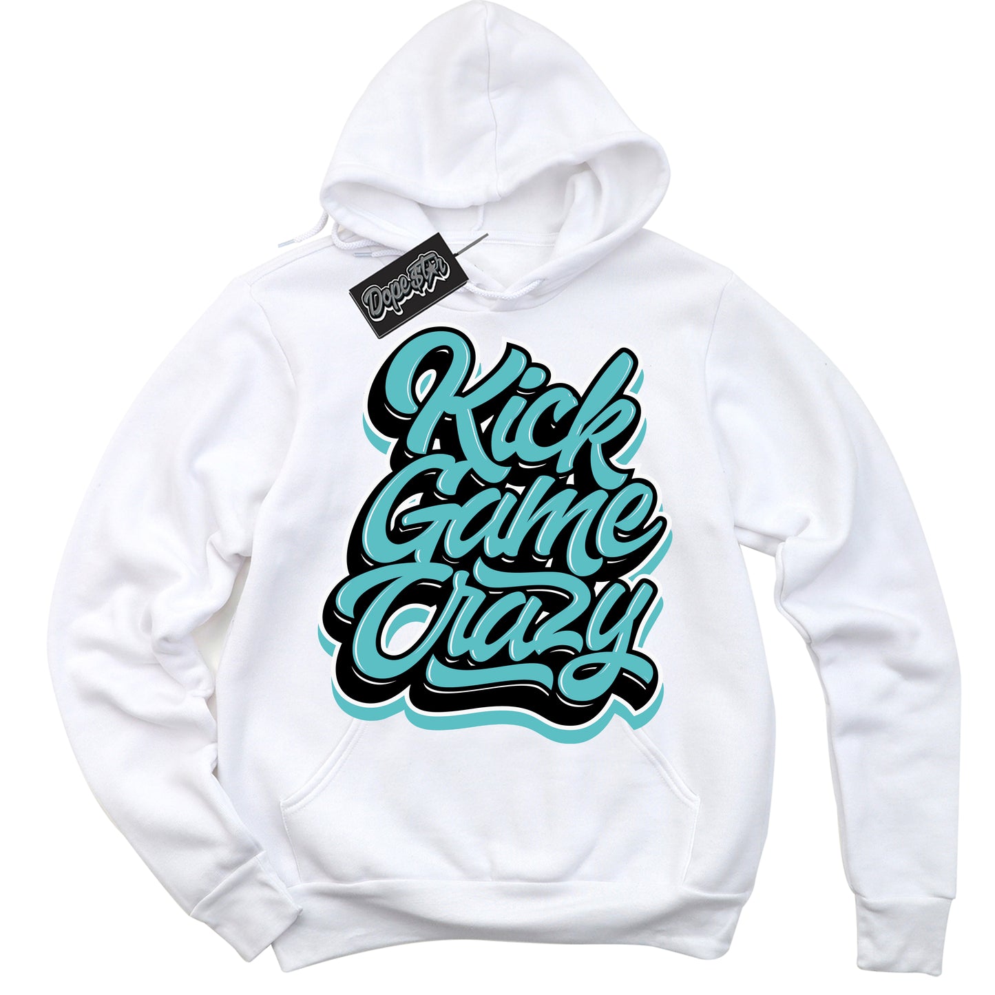 Cool White Hoodie with “Kick Game Crazy” design that Perfectly Matches Black Dusty Cactus Dunk.