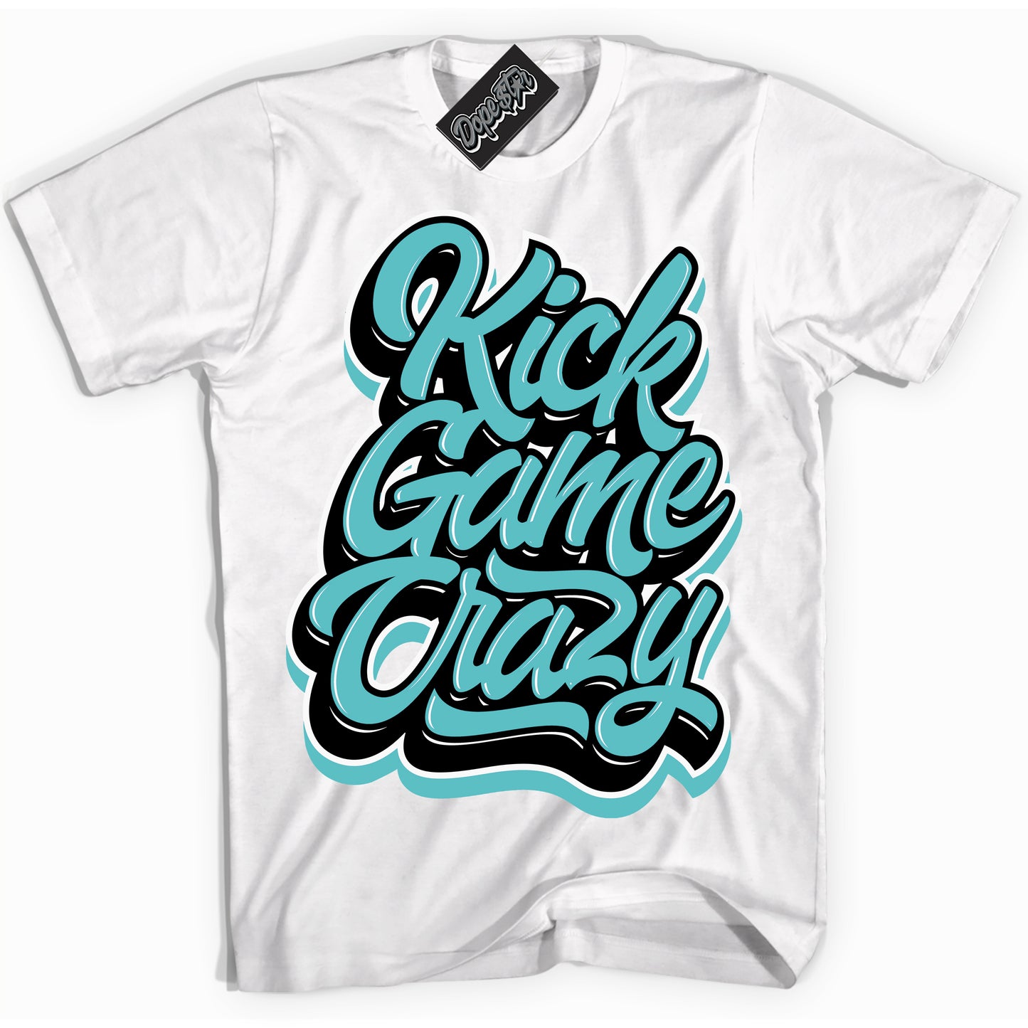 Cool White Shirt with “Kick Game Crazy” design that perfectly matches Black Dusty Cactus Dunk.