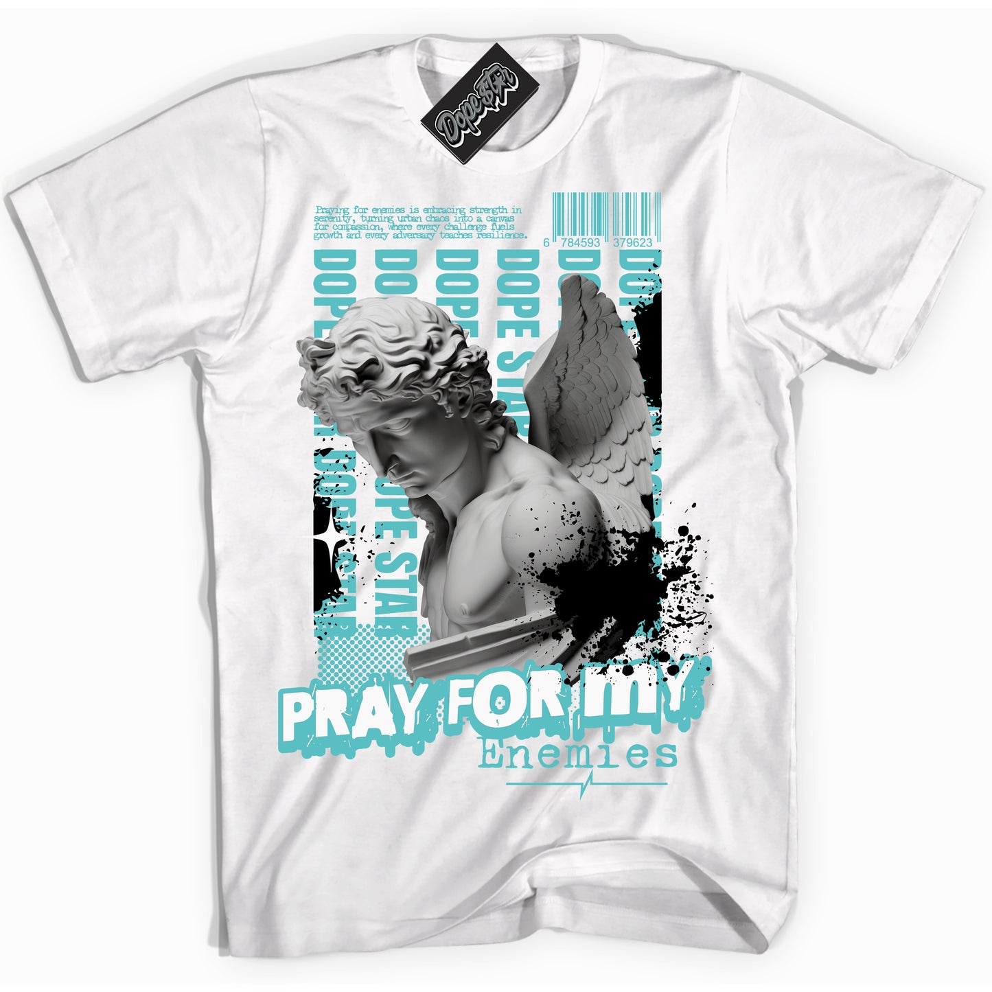 Cool White Shirt with “Pray Enemies” design that perfectly matches Black Dusty Cactus Dunk.