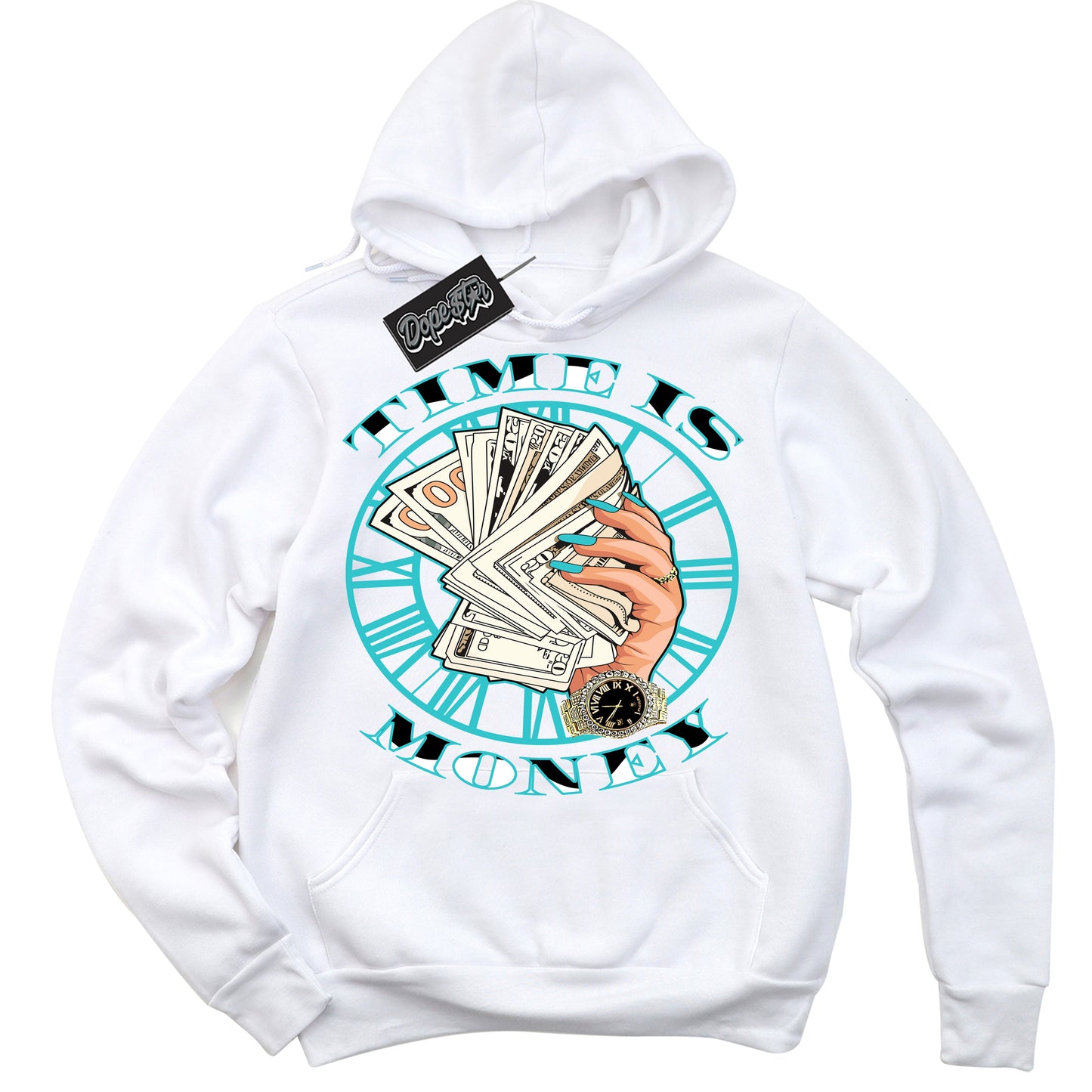 Cool White Hoodie with “Time Is Money” design that Perfectly Matches Black Dusty Cactus Dunk.