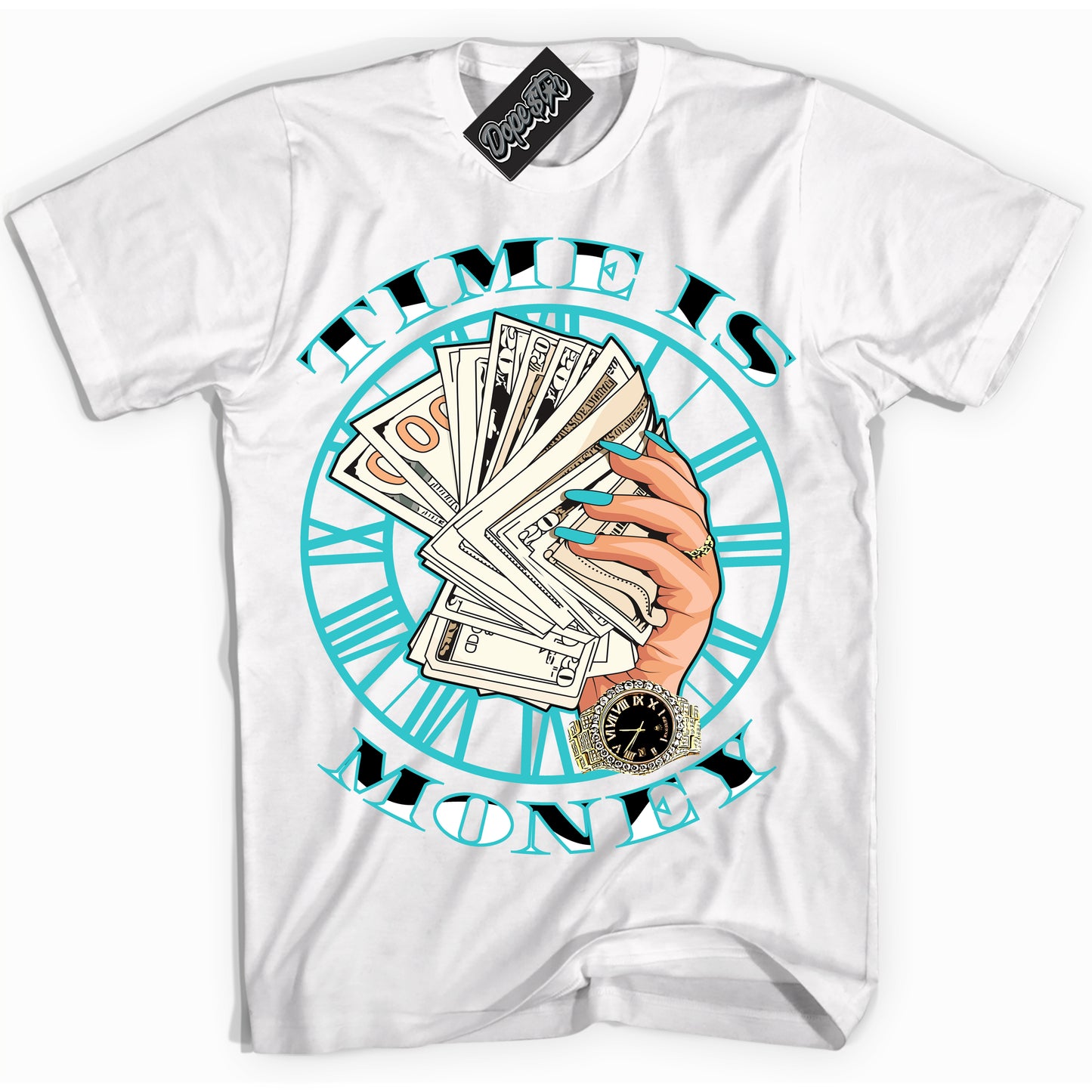 Cool White Shirt with “Time Is Money” design that perfectly matches Black Dusty Cactus Dunk.