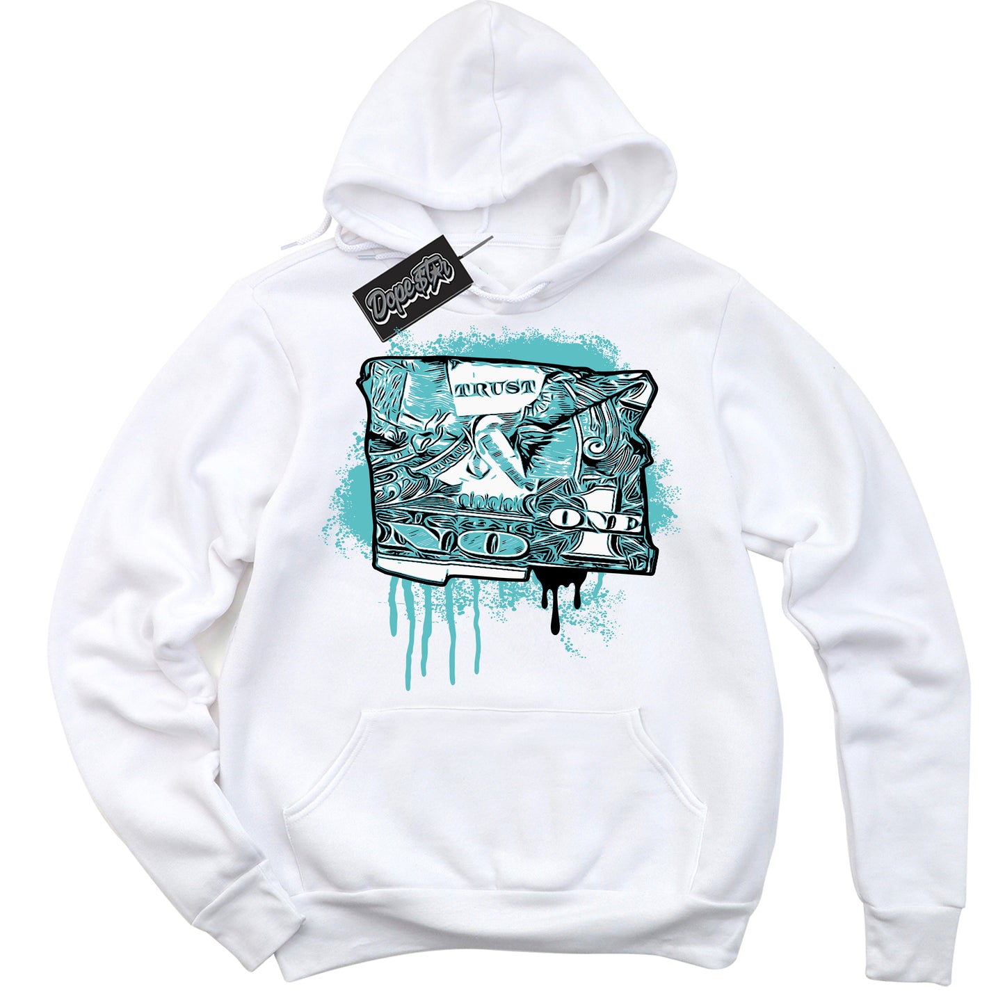 Cool White Hoodie with “Trust No One Dollar” design that Perfectly Matches Black Dusty Cactus Dunk.