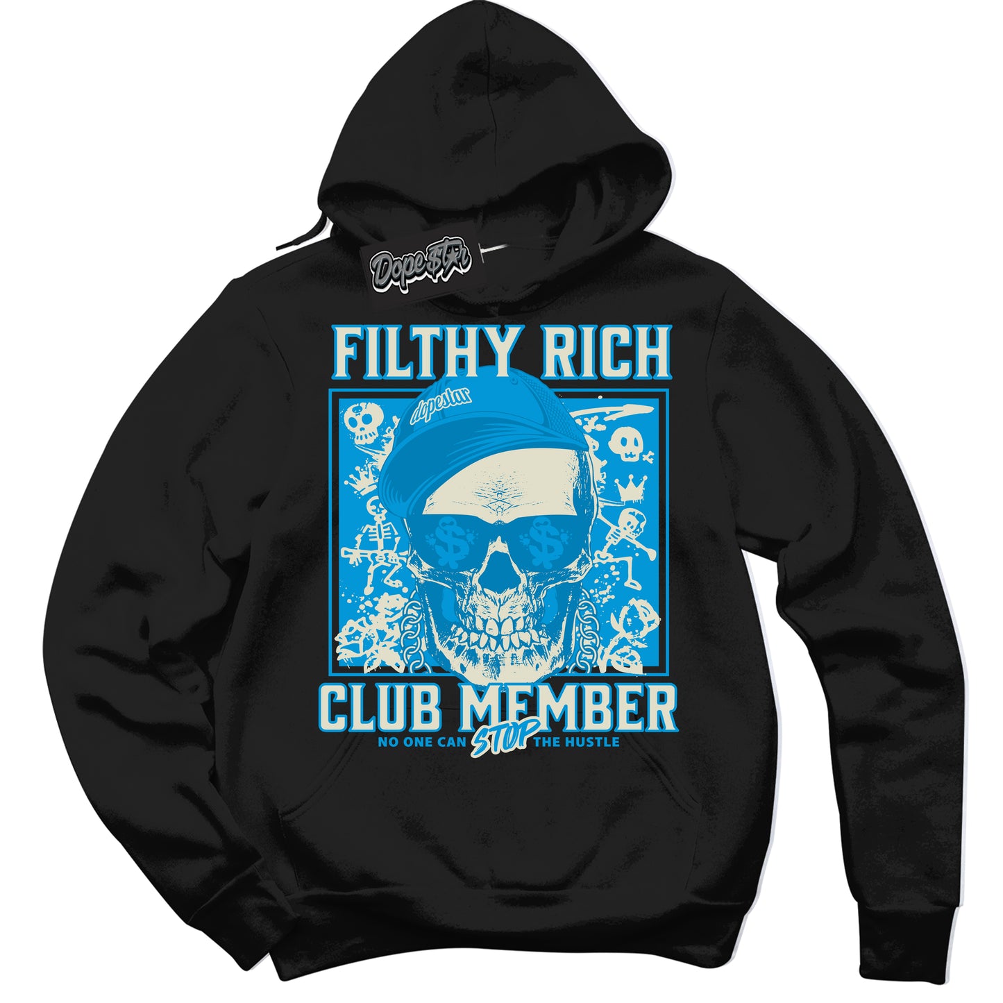 Cool Black Hoodie with “Filthy Rich” design that Perfectly Matches Coconut Milk University Blue Dunk.