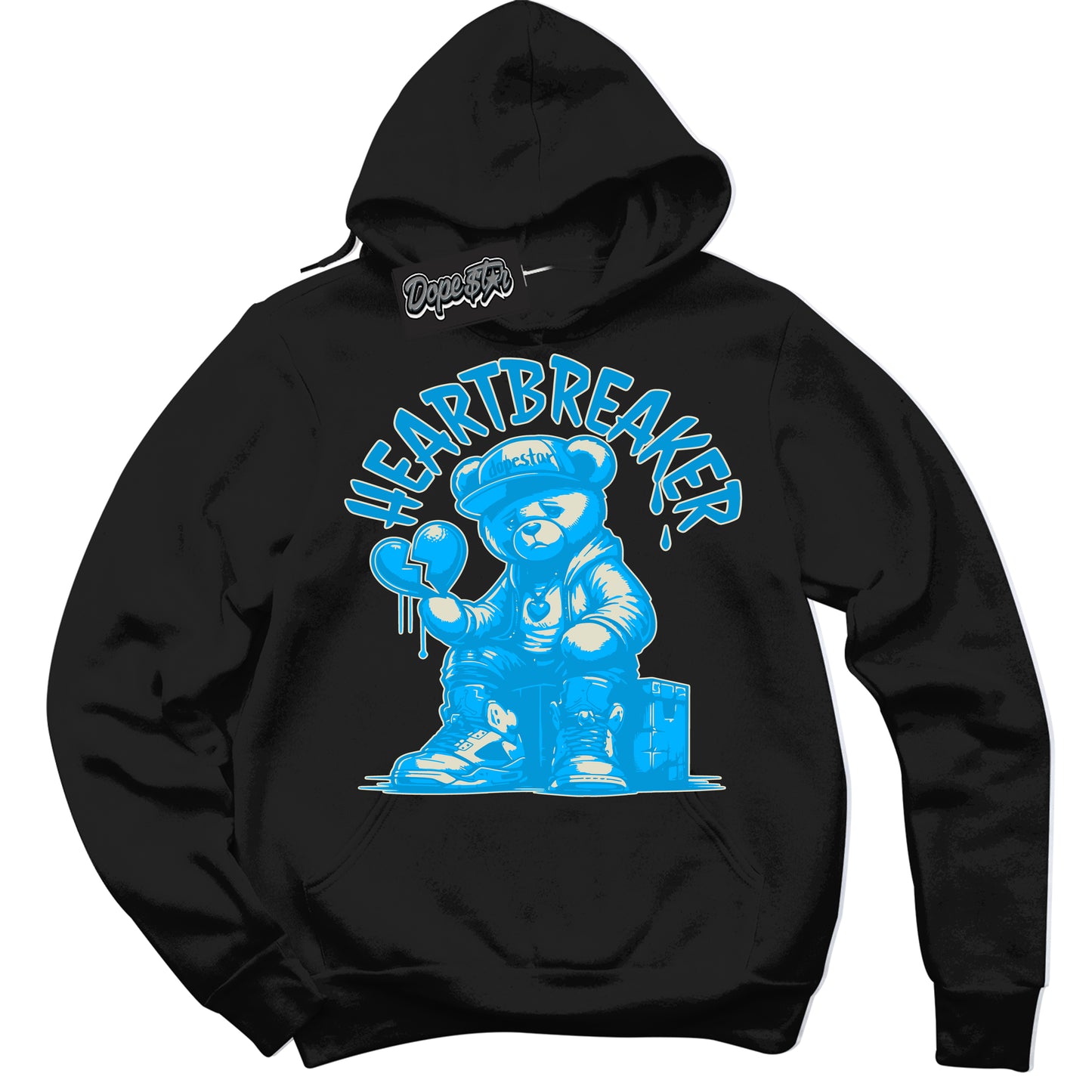 Cool Black Hoodie with “Heartbreaker Bear” design that Perfectly Matches Coconut Milk University Blue Dunk.
