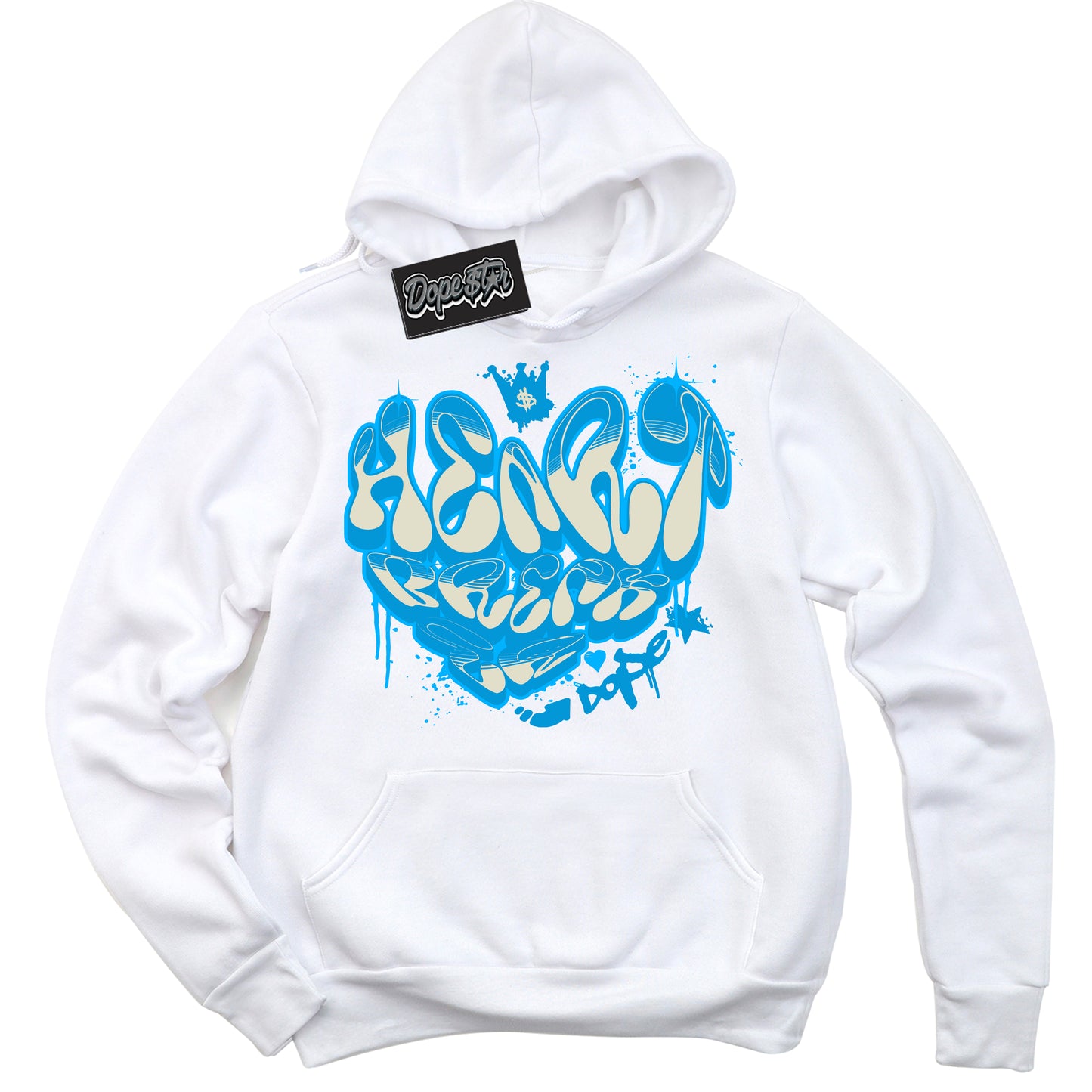 Cool White Hoodie with “Heartbreaker Graffiti” design that Perfectly Matches Coconut Milk University Blue Dunk.