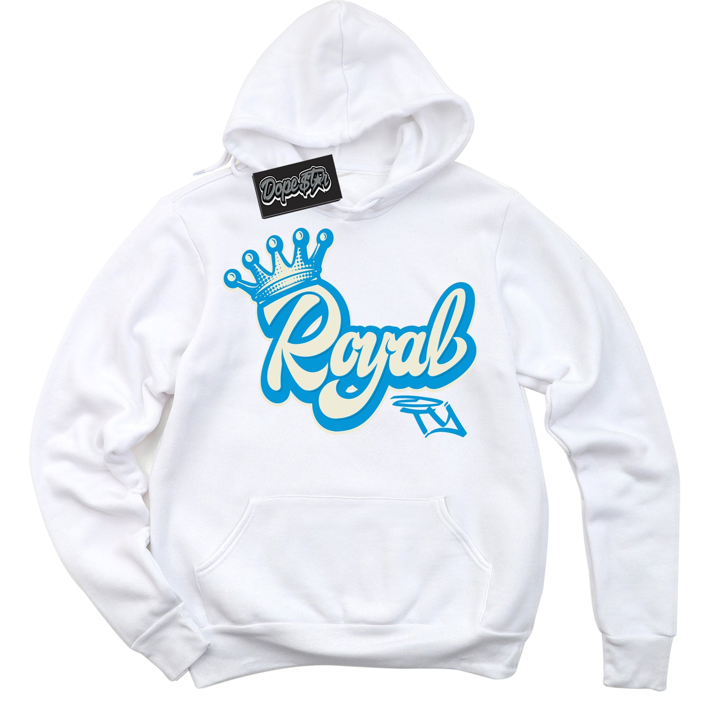 Cool White Hoodie with “Royalty” design that Perfectly Matches Coconut Milk University Blue Dunk.