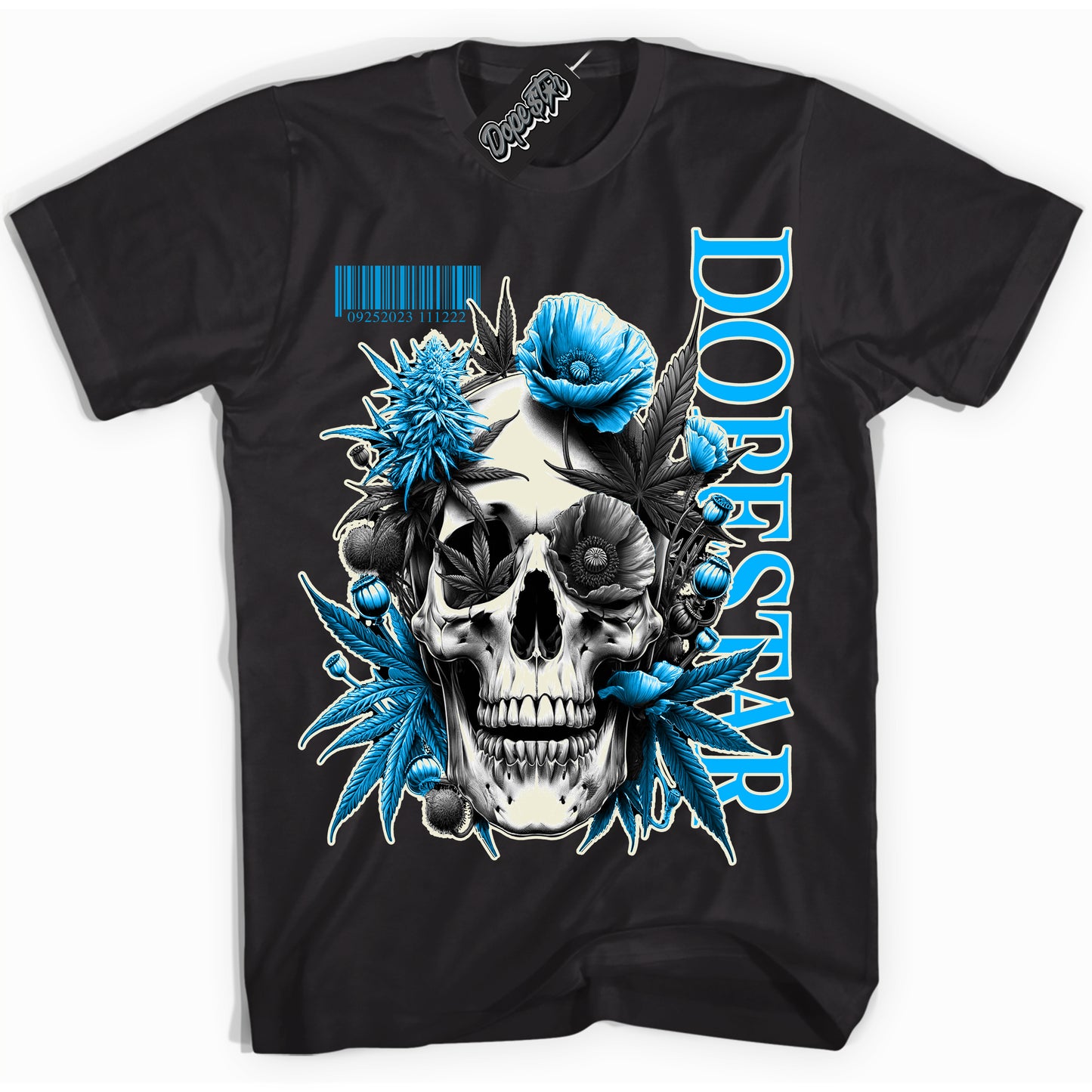 Cool Black Shirt with “Skull Poppies” design that perfectly matches Coconut Milk University Blue Dunk.